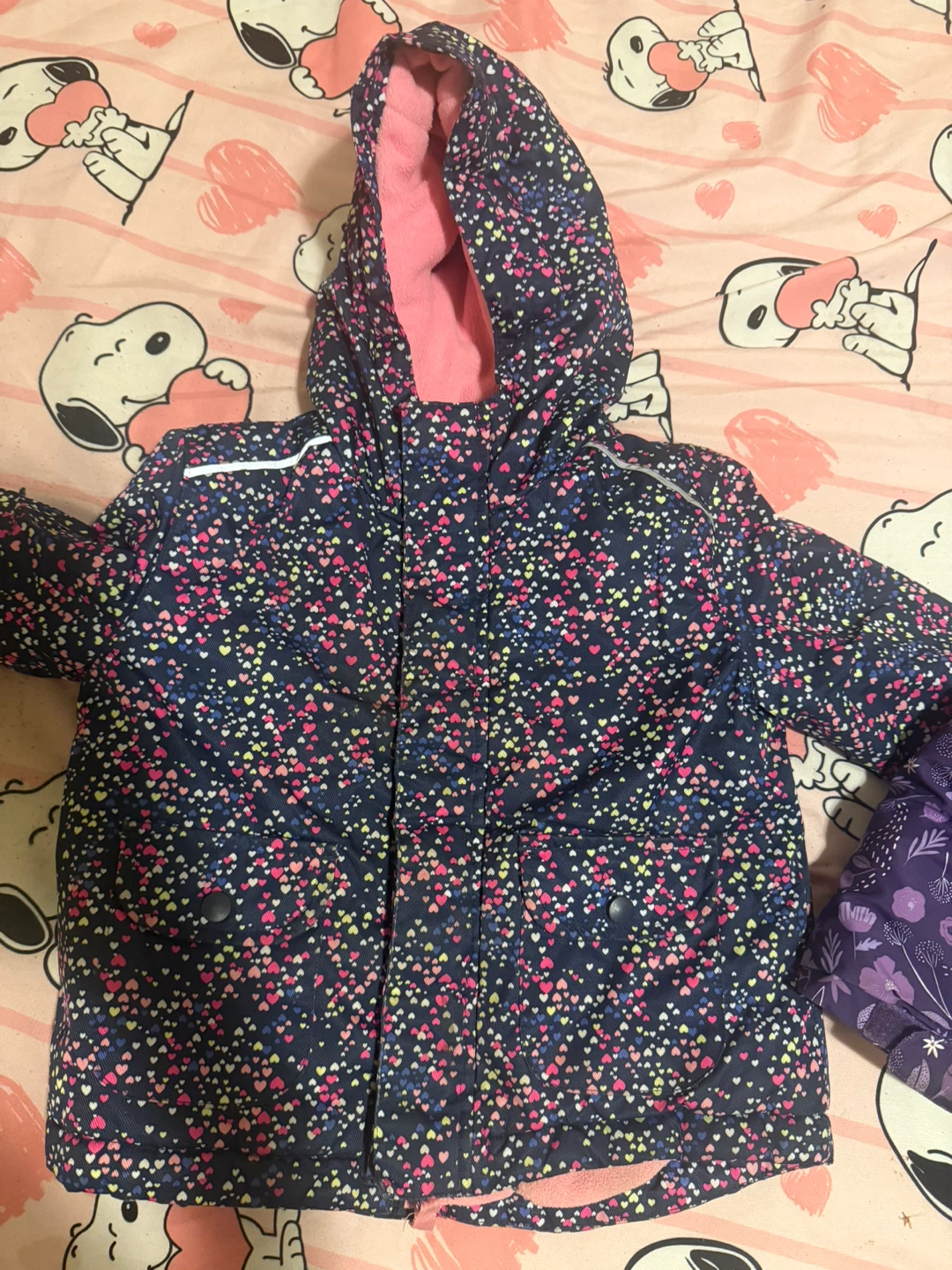 Girls heart patterned winter jacket with pink fleece lining