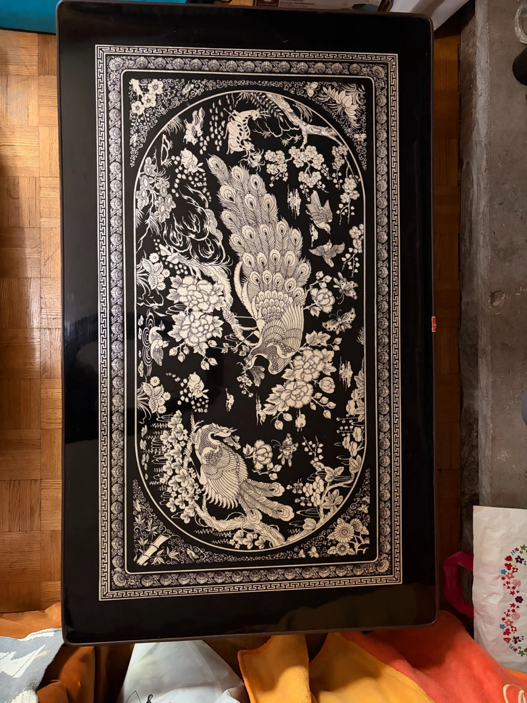 Black Lacquer Coffee Table with Peacock Design