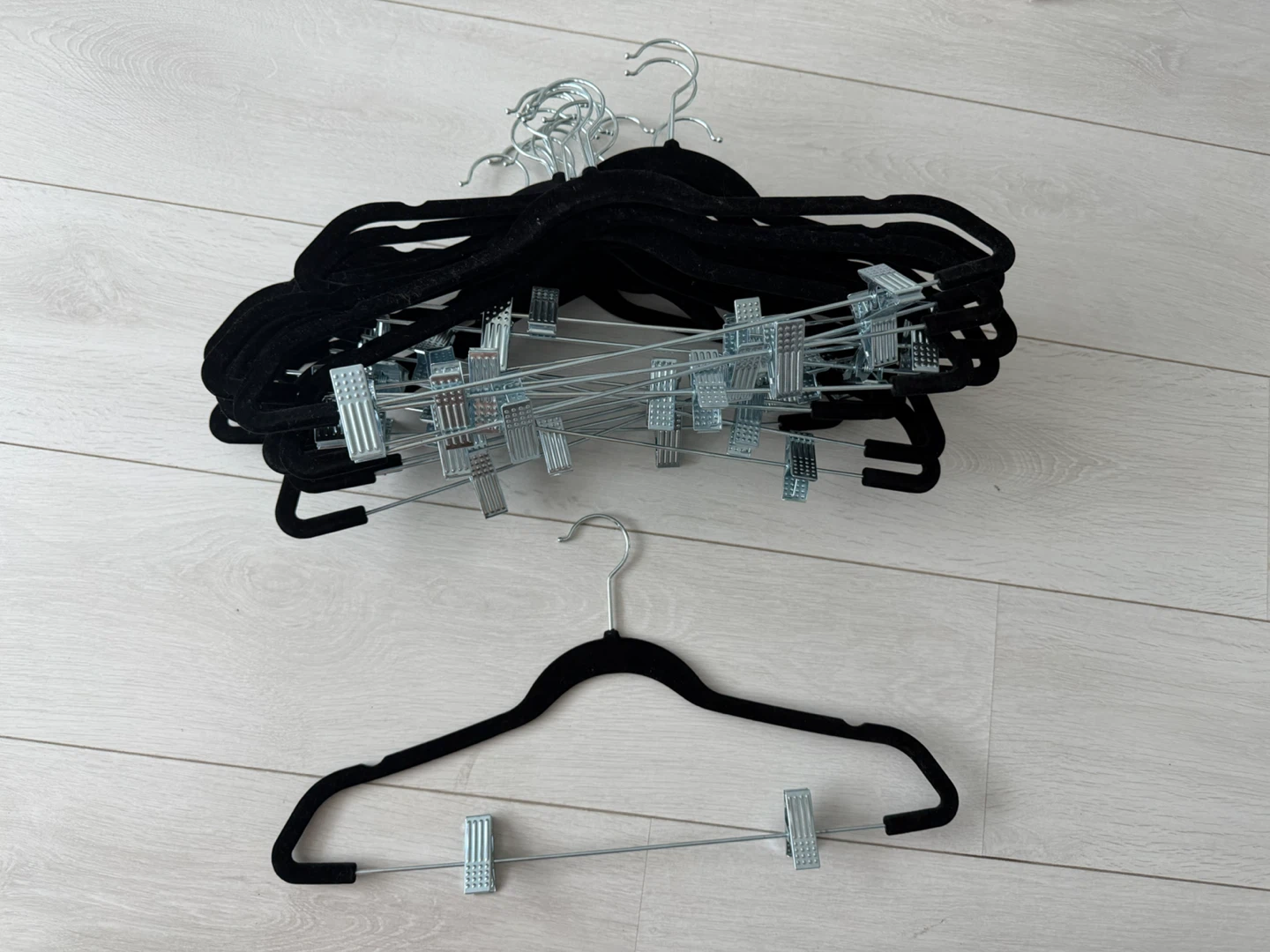 Black velvet hangers with clips set of 20