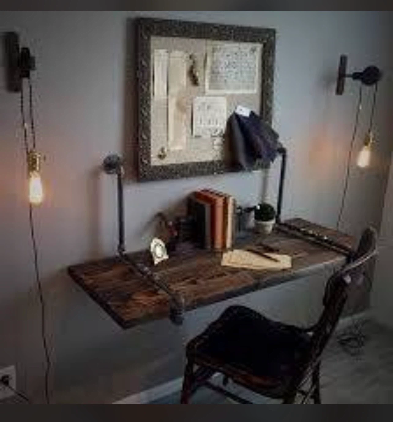 Industrial Pipe Wall Mounted Desk with Edison Bulb Lamps