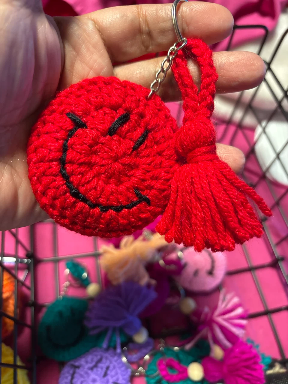Red Crochet Smiley Face Keychain with Tassel