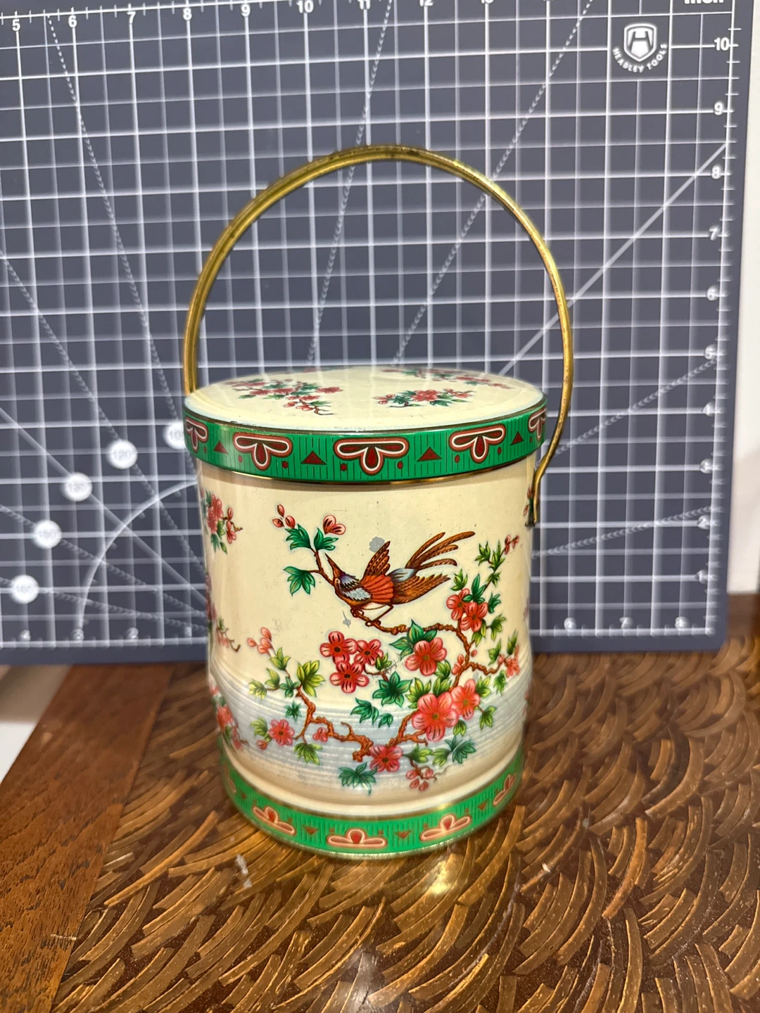 Vintage Decorative Tin with Handle and Bird Design