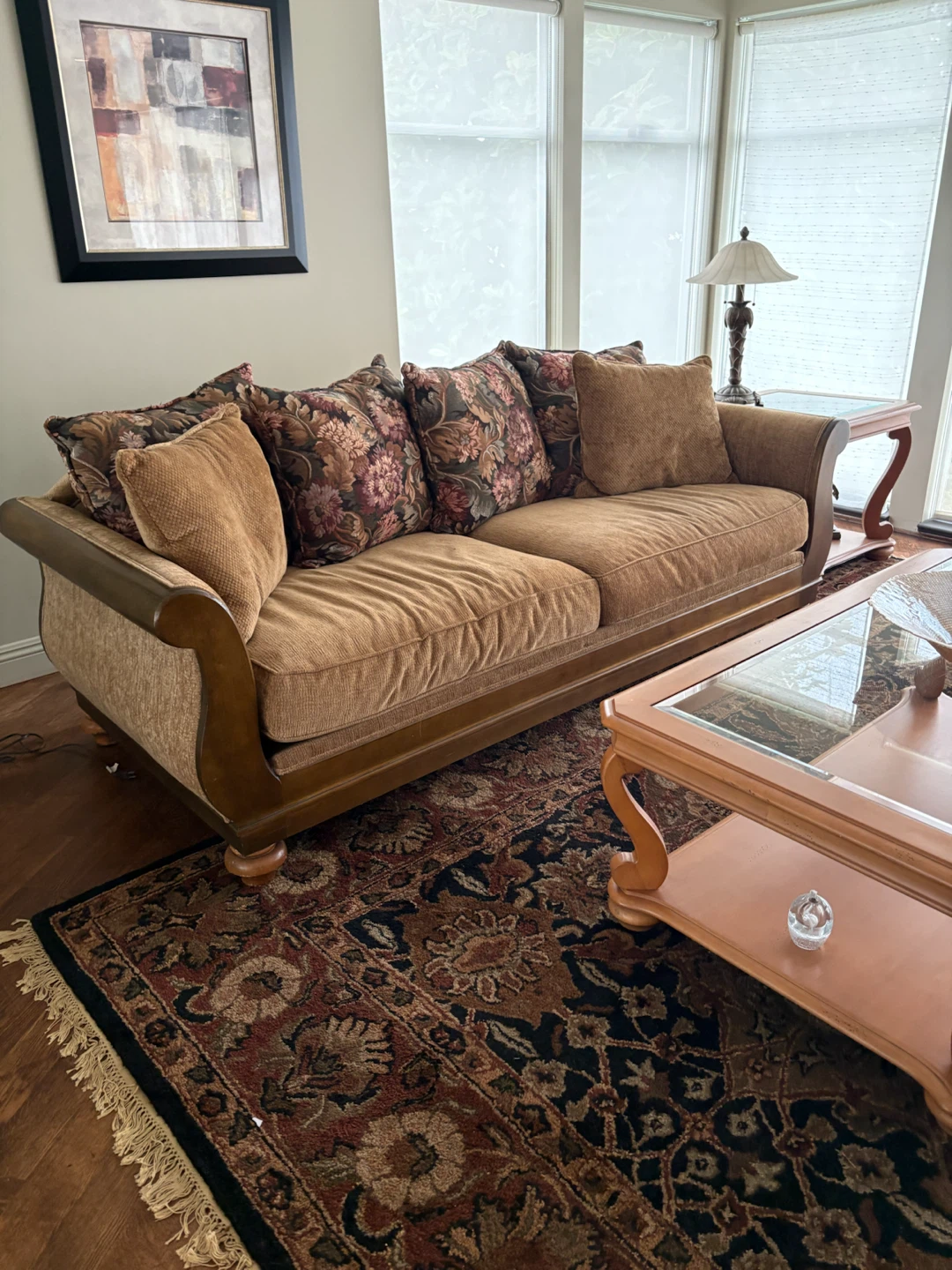 Tan Sofa and Loveseat with Matching Glass Top Tables