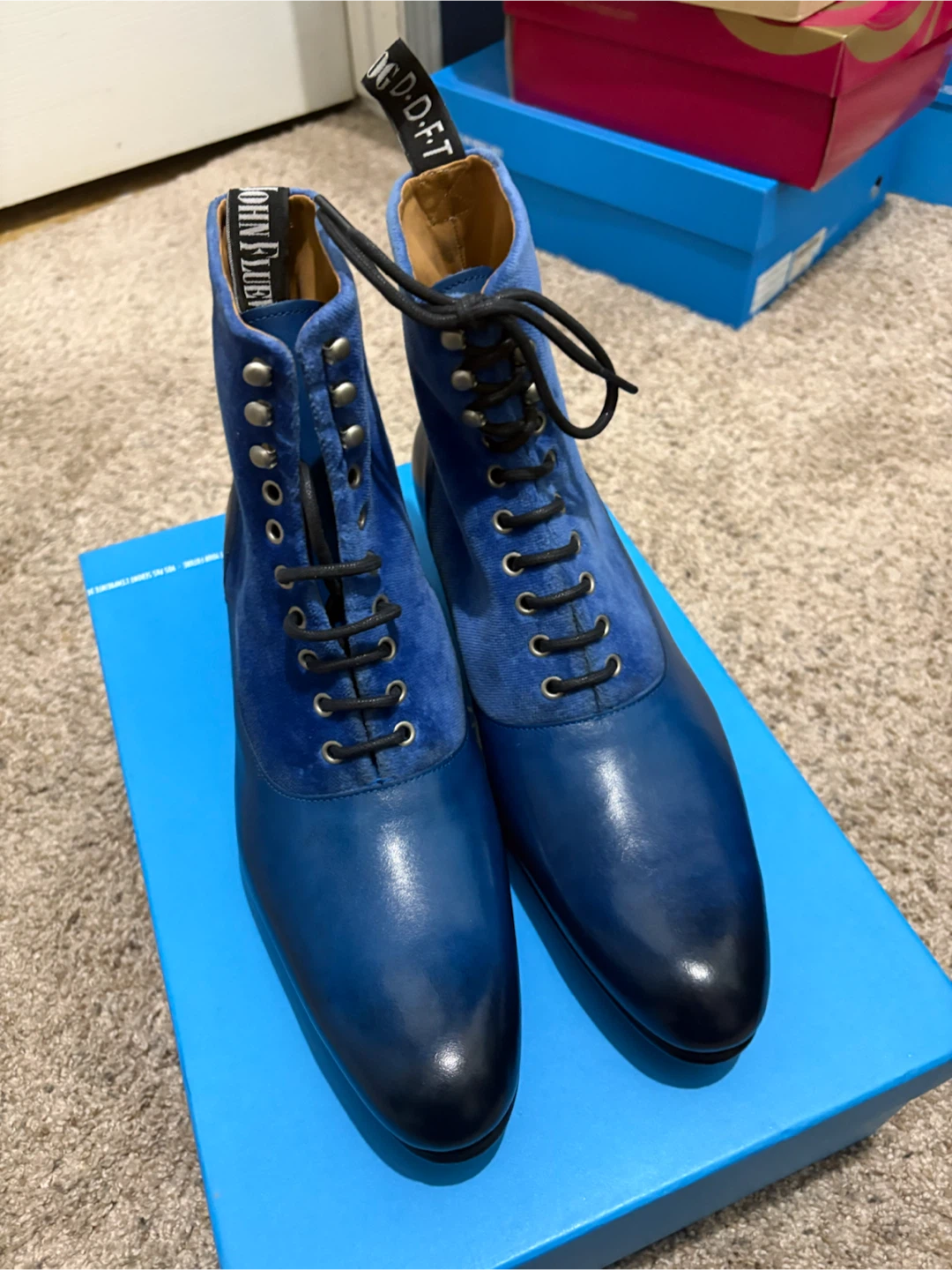 John Fluevog Blue Leather & Suede Boots