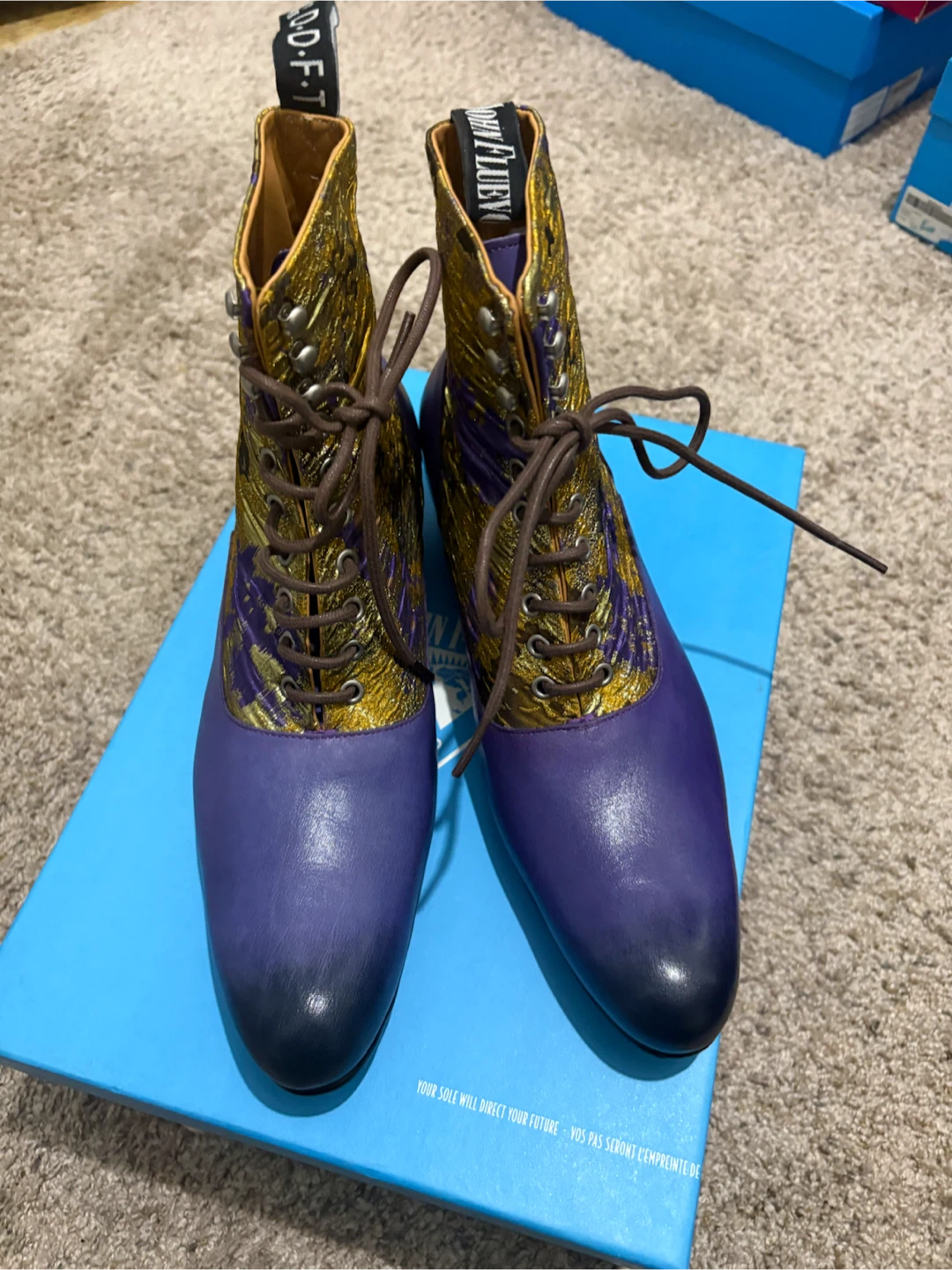 John Fluevog Purple & Gold Boots