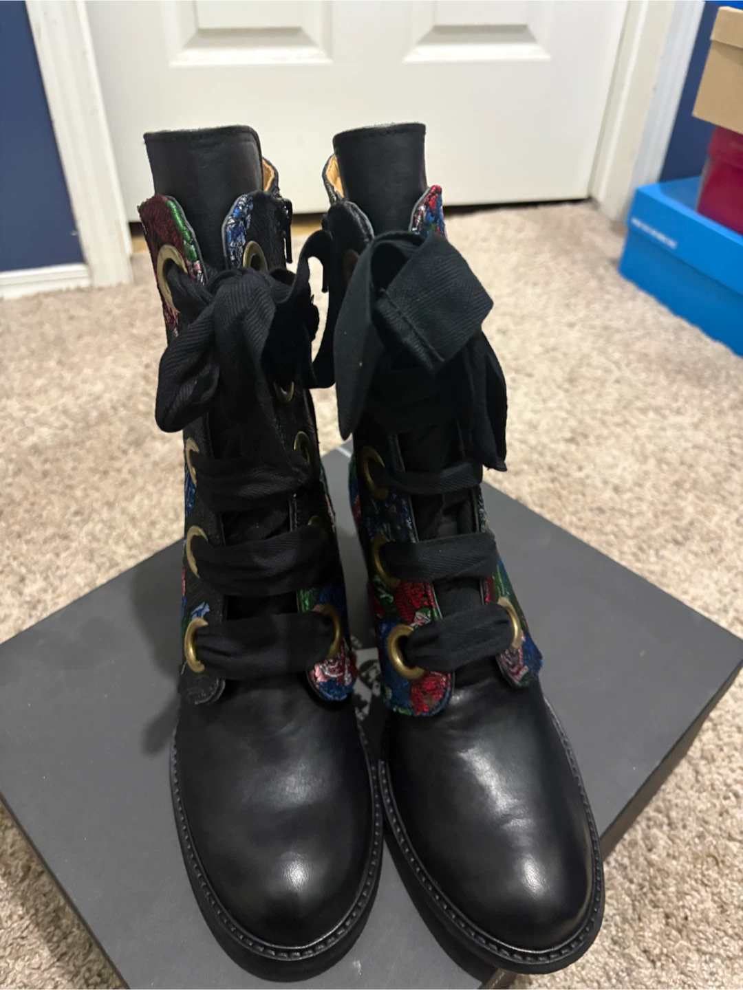 John Fluevog Gladstone Floral Embroidered Lace-Up Boots