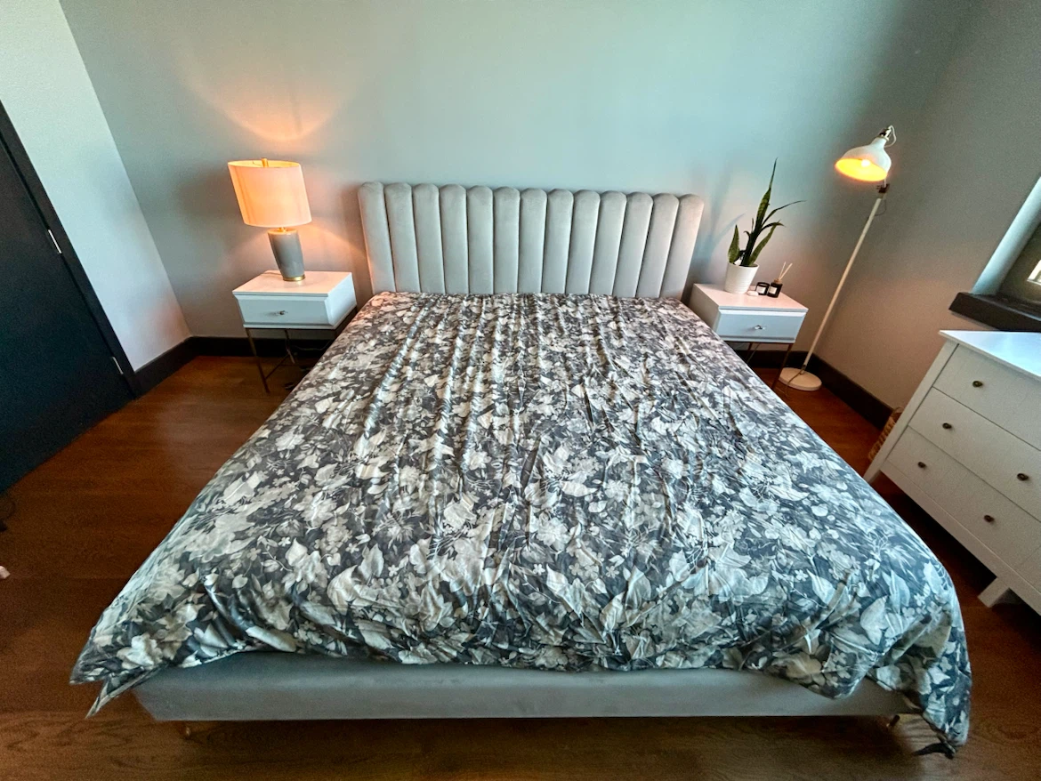 Gray king Bed Frame with Tufted Headboard with mattress