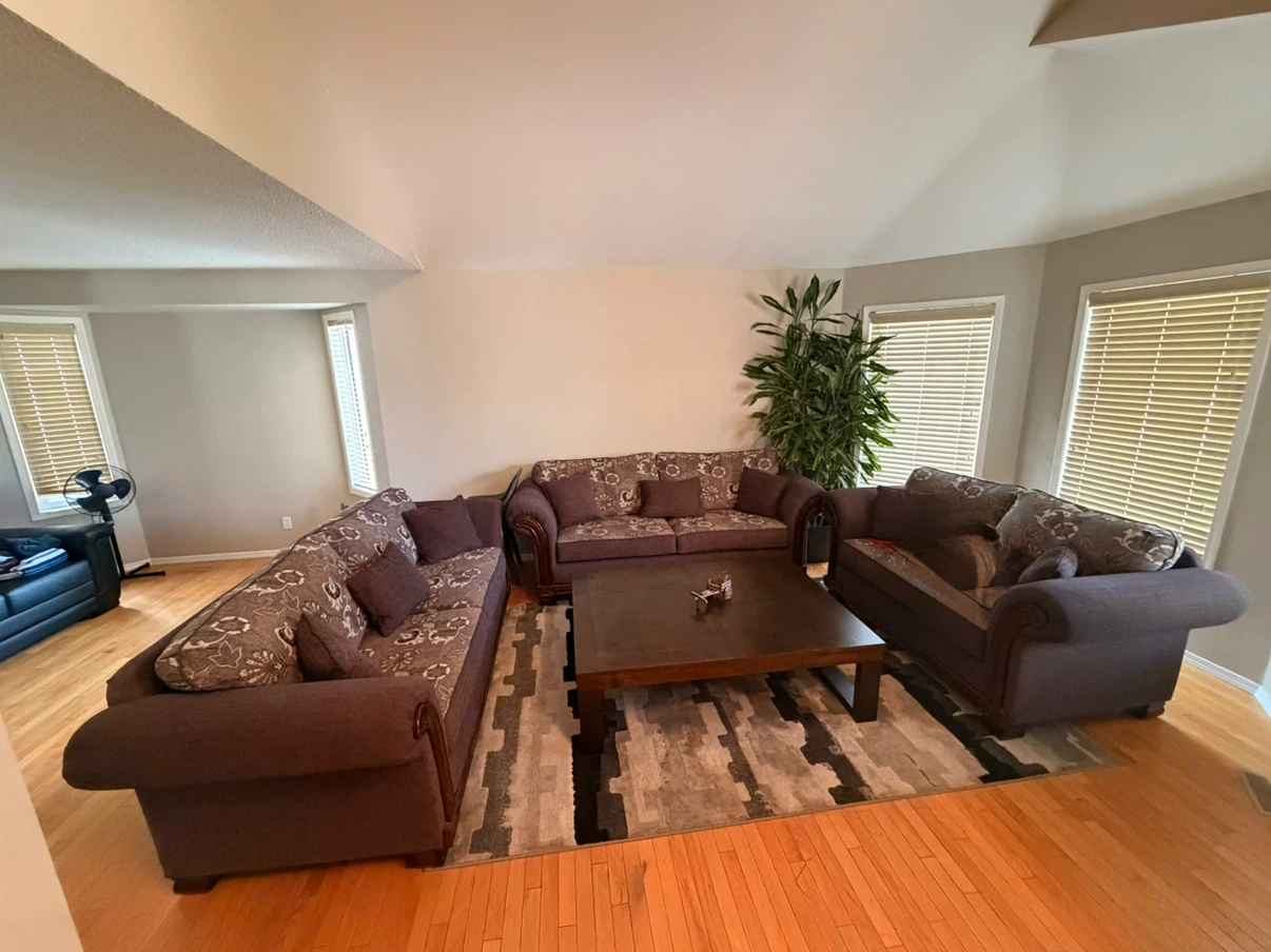Three piece floral patterned sofa set in brown