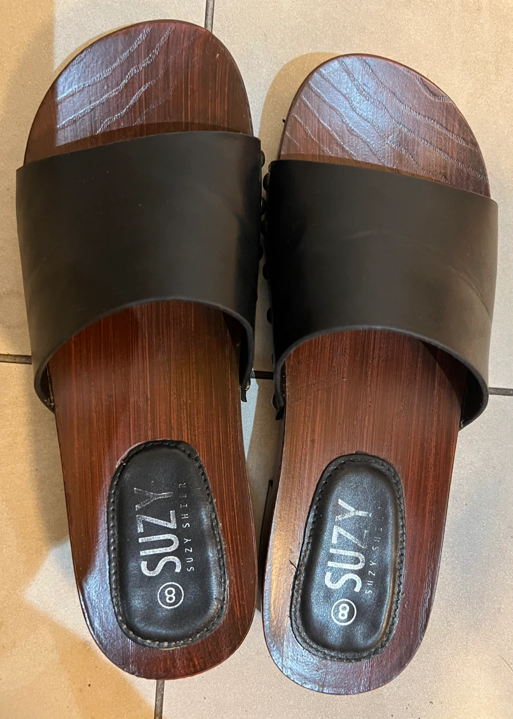 SUZY SHIR black wood slide sandals size 8