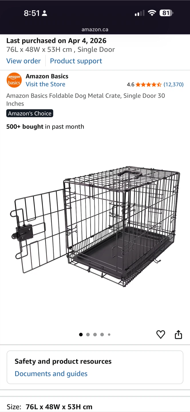 Amazon Basics Foldable Dog Crate 76L x 48W x 53H cm