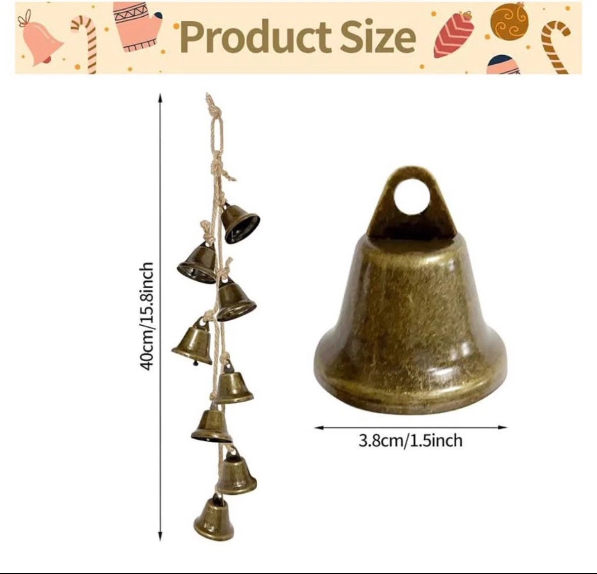 2 Pack 15.75 Inches Bells, Brass-Colored Iron Bell Strings - photo 2