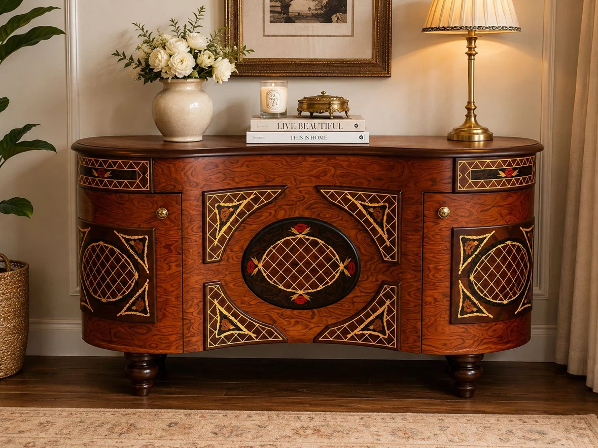 Brand New Ornate Marquetry Wood Sideboard