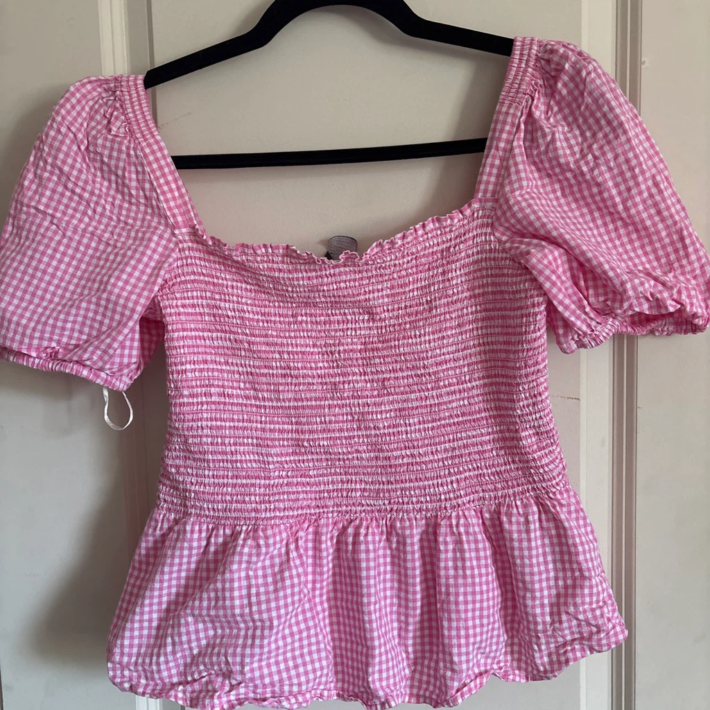 French Connection Pink Gingham Smocked Peplum Top