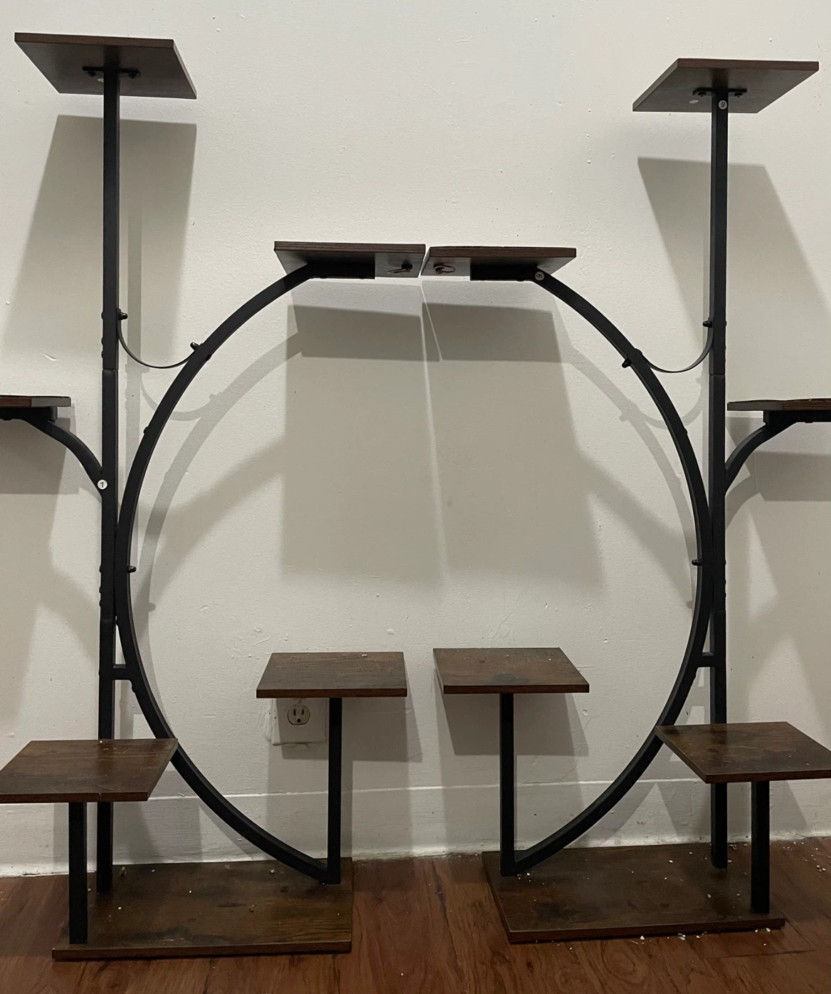 Black Metal and Dark Wood Curved Plant Stand