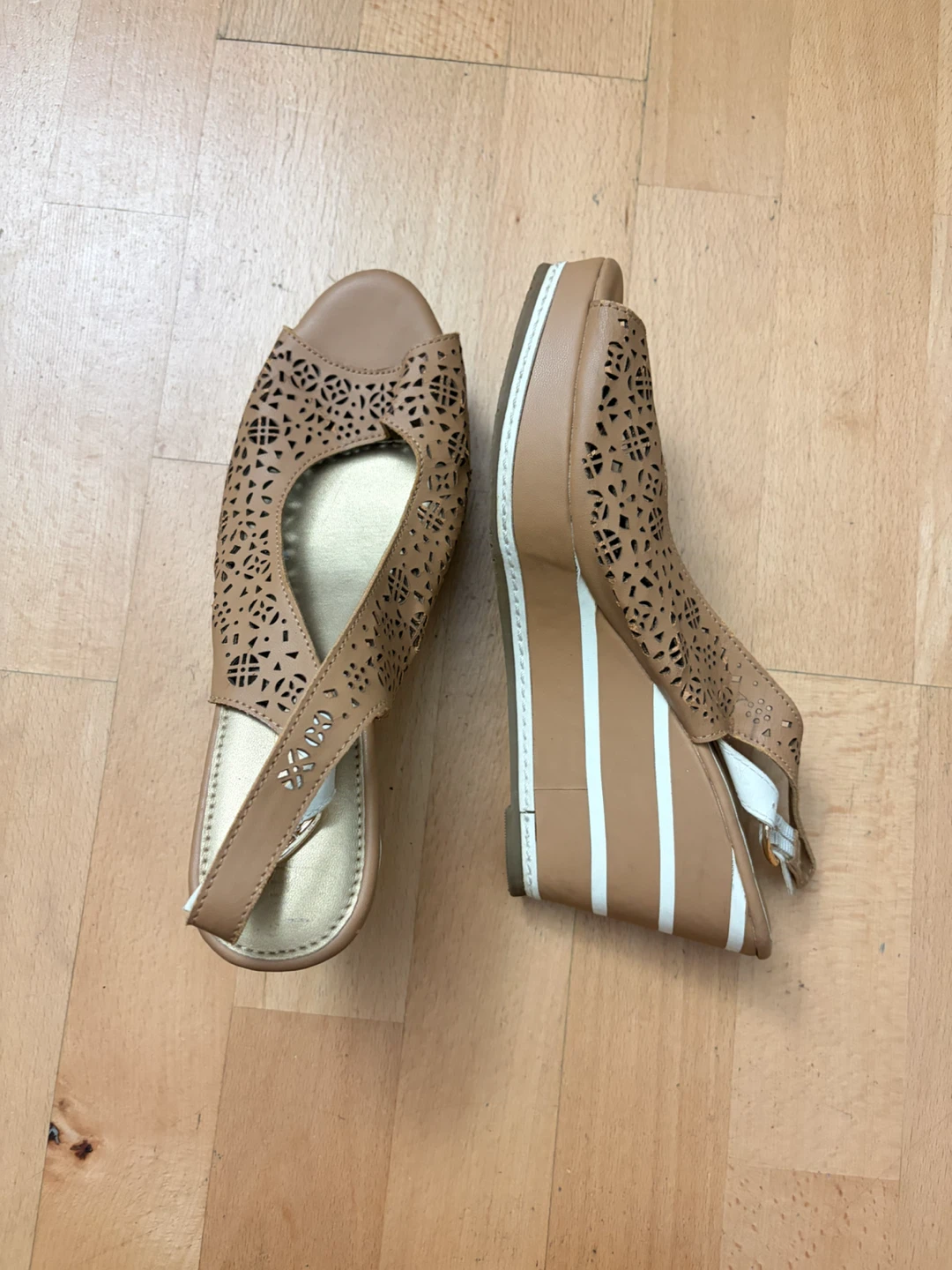 Brown Laser-Cut Wedge Sandals
