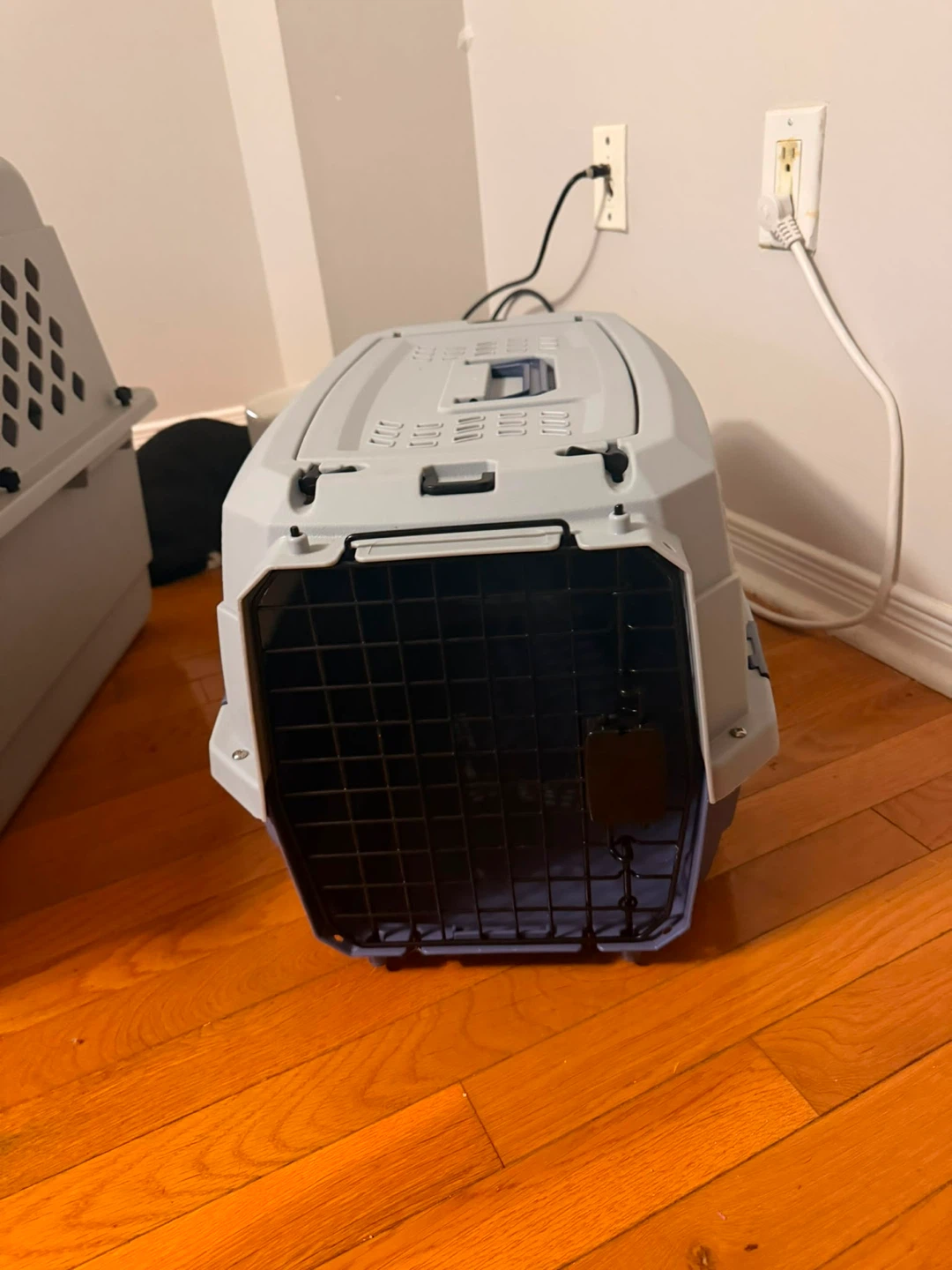 Light grey and purple plastic pet carrier