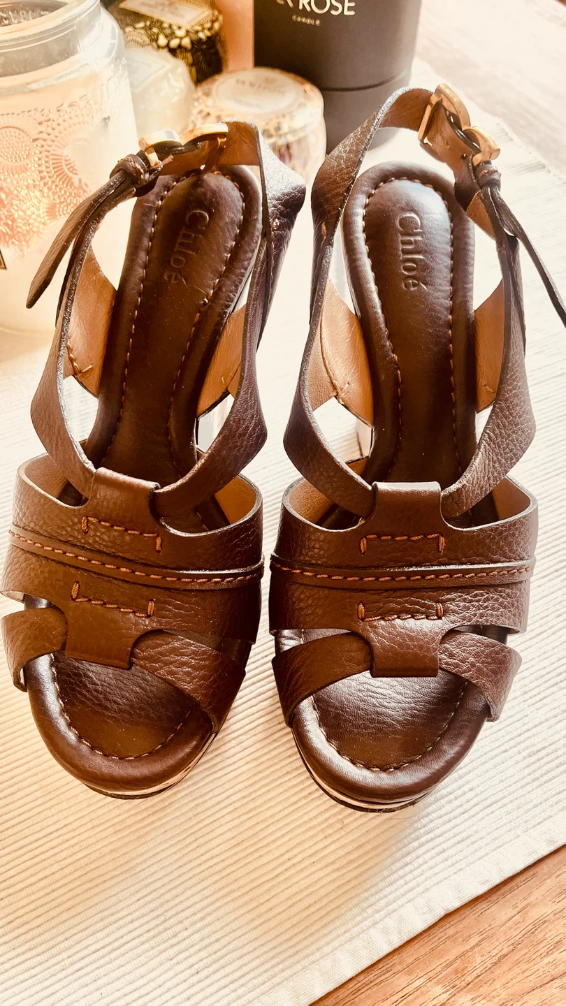 Chloé Brown Leather Cork Wedge Slingback Sandals - photo 3
