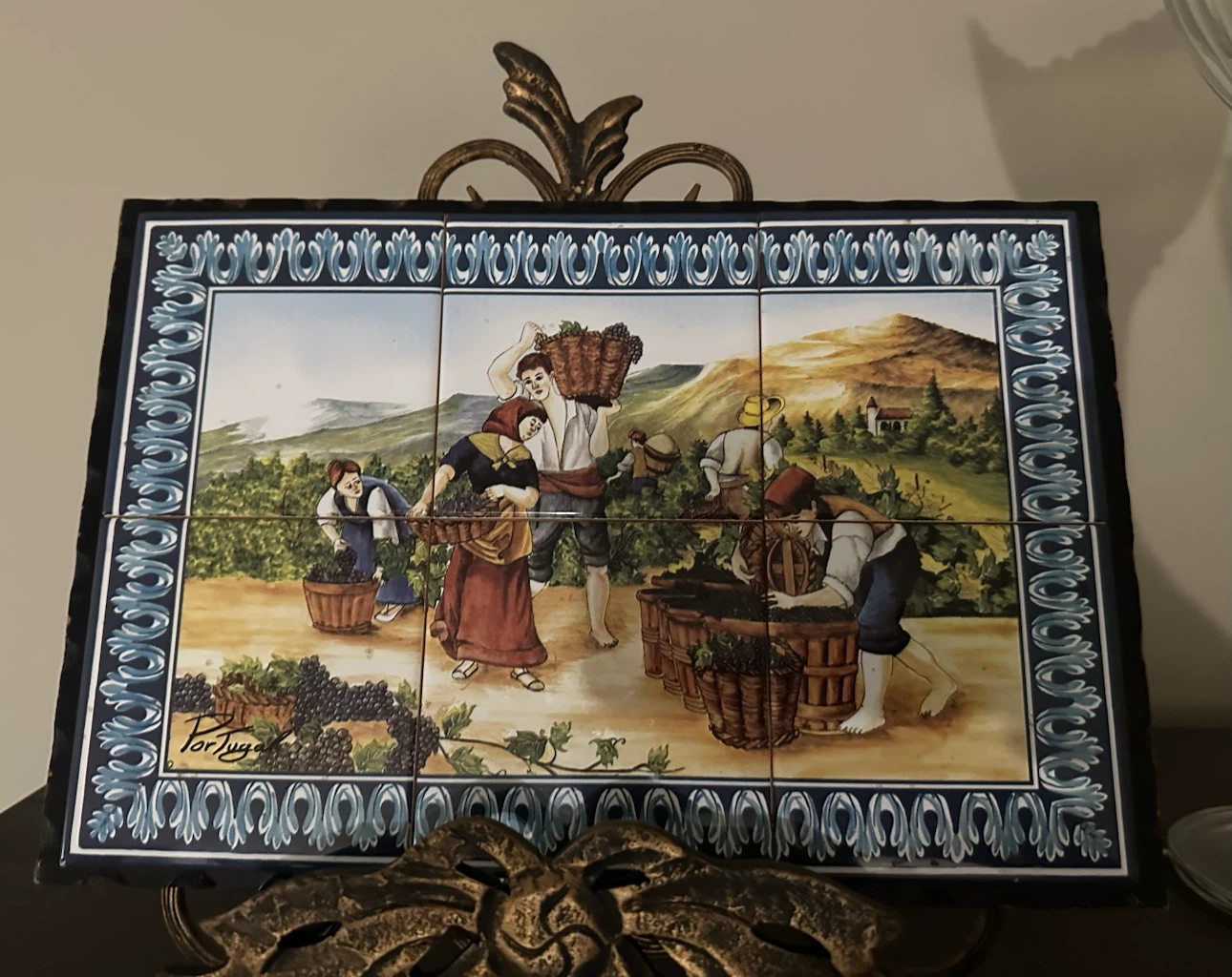 Vintage Portuguese Hand-Painted Vineyard Tile Mural (6-Tile Set)