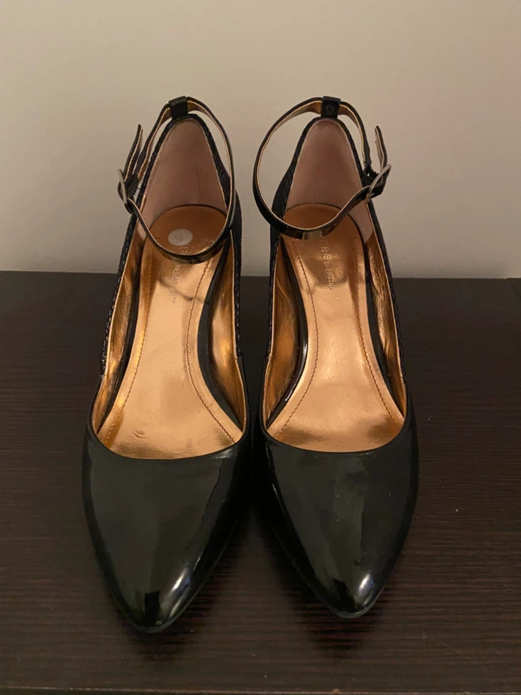 BCBG Generation Black Patent Wedge Heels with Ankle Strap Size 9