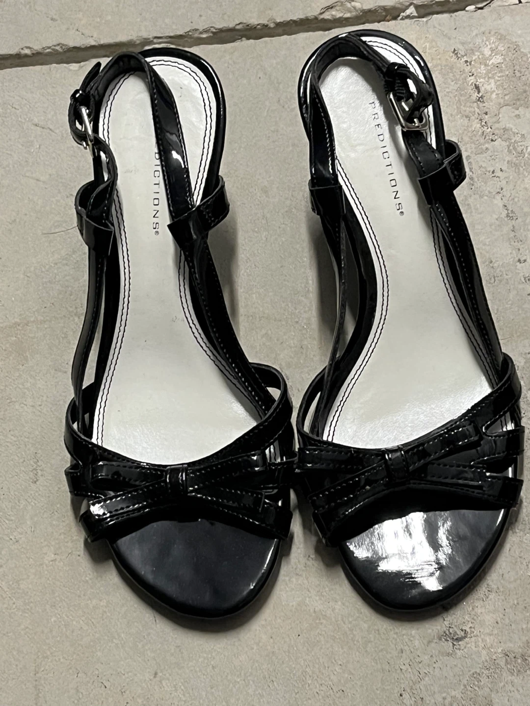 Predictions Black Patent Bow Wedge Sandals Size 6.5