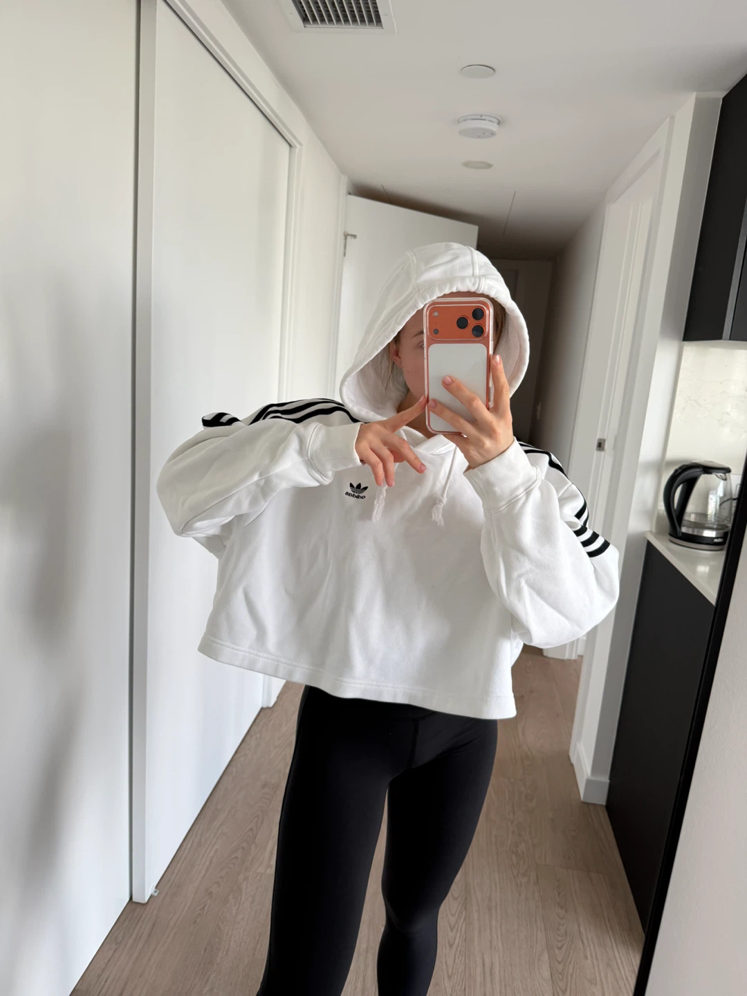 White Adidas Cropped Hoodie with 3-Stripes - Size M