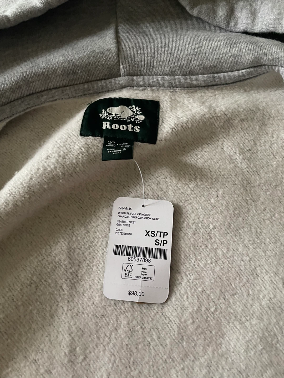 Roots Original Full Zip Hoodie Heather Grey XS