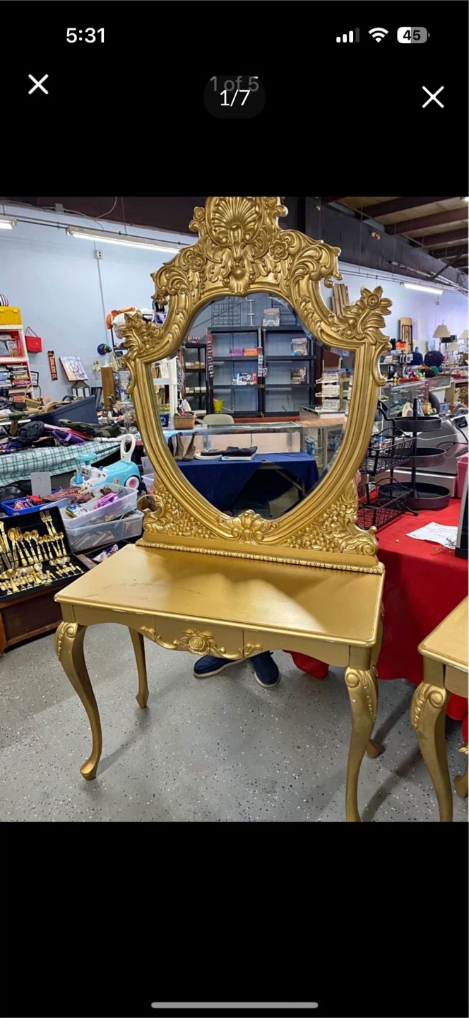 Gold Vanity Table with Ornate Mirror