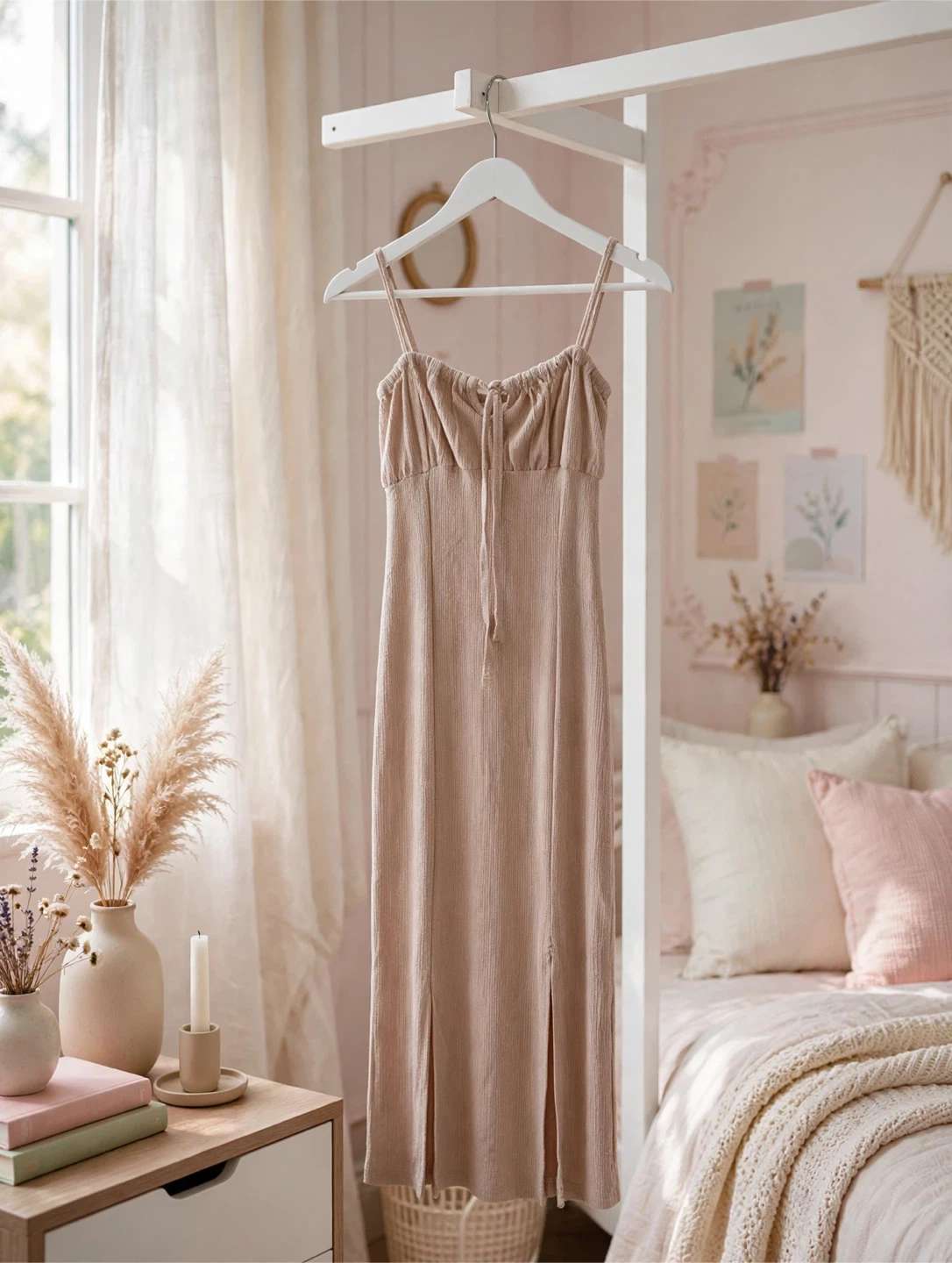 Ribbed Midi Dress with Tie Detail