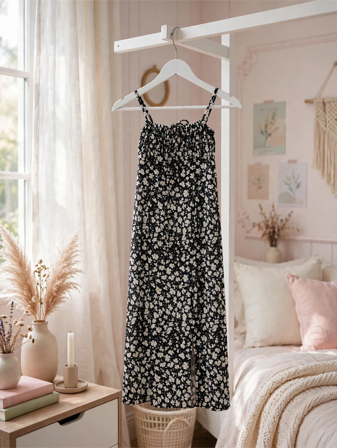 Black floral print cami dress with tie front