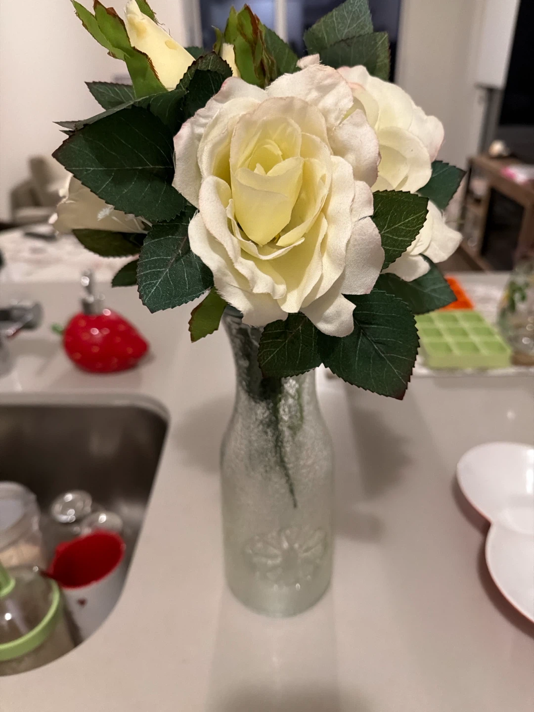 White Rose Arrangement in Frosted Glass Vase