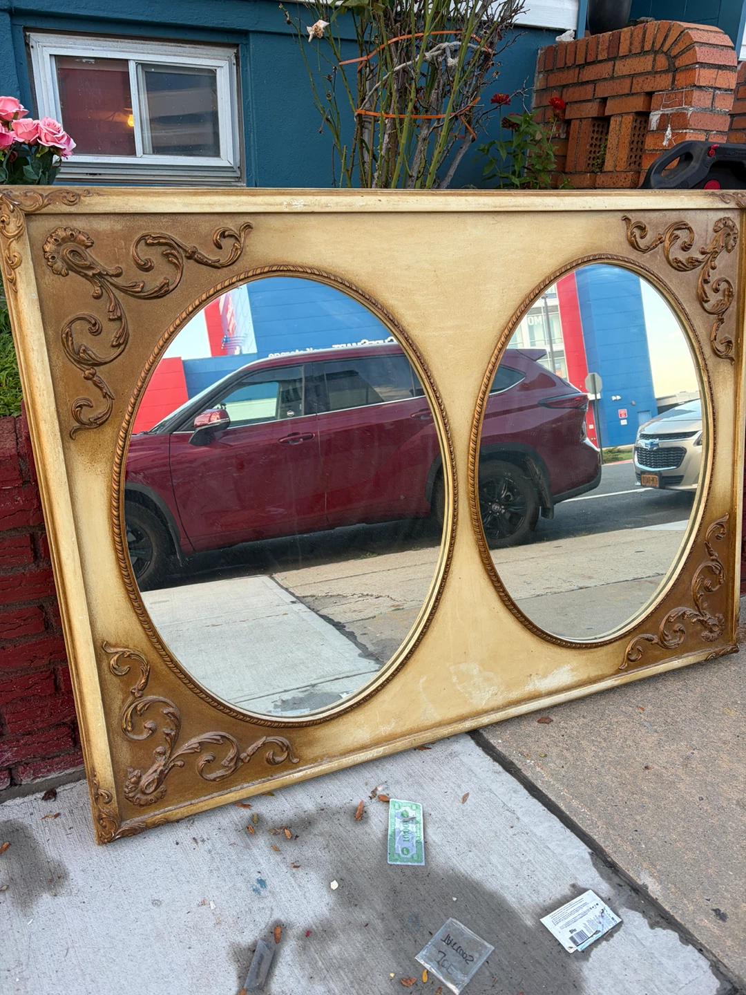 Vintage gold ornate double oval mirror