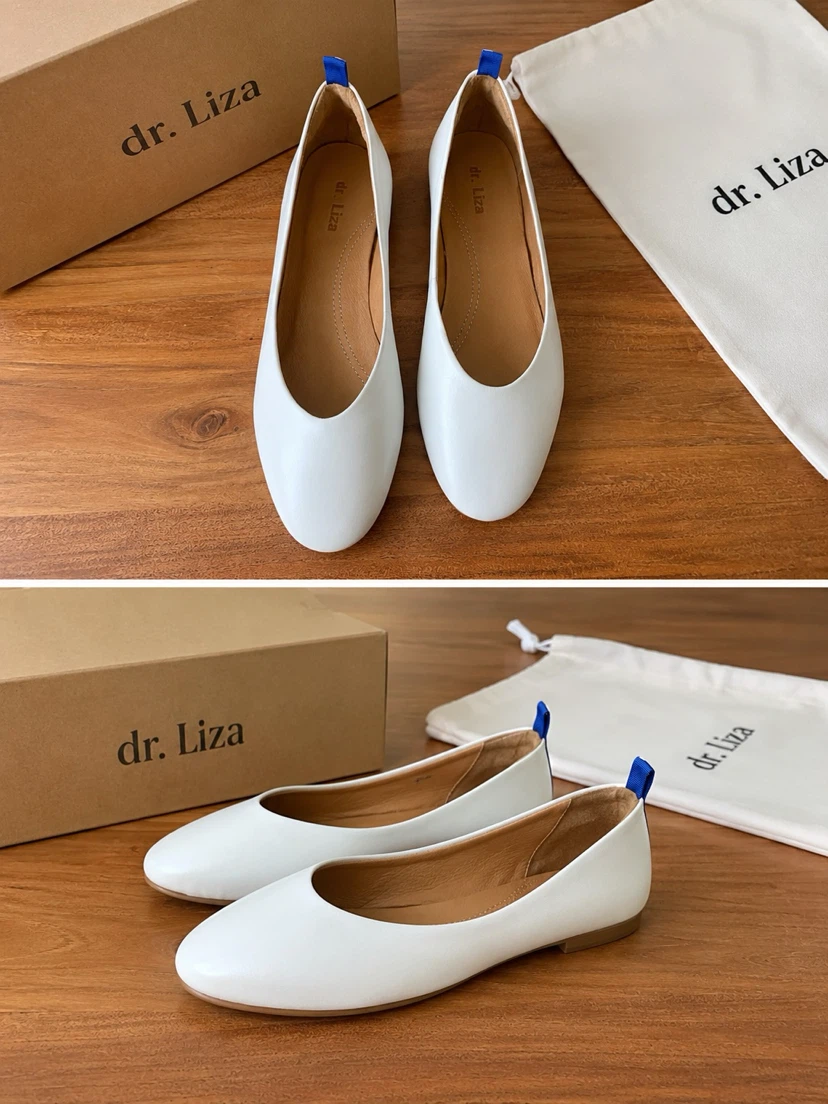 dr LIZA White Cream Leather Ballet Flats