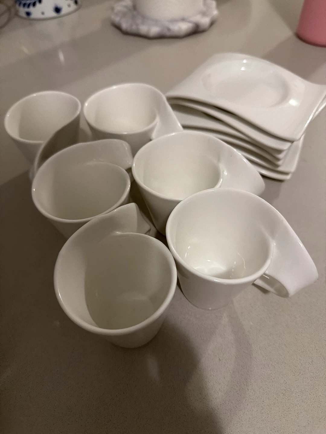 Set of 6 White Ceramic Espresso Cups and Saucers