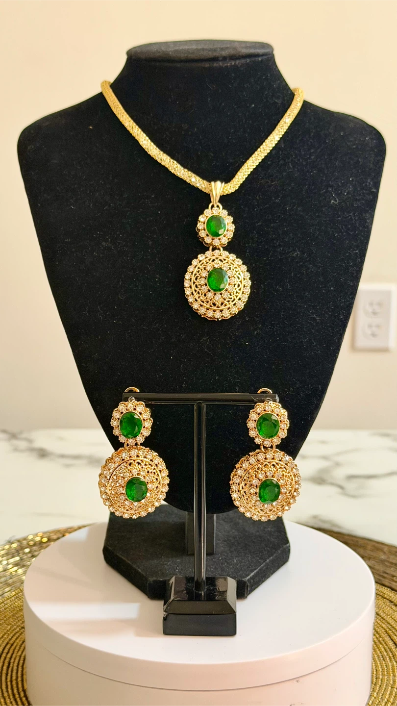 Gold Tone Necklace and Earring Set with Green Stones