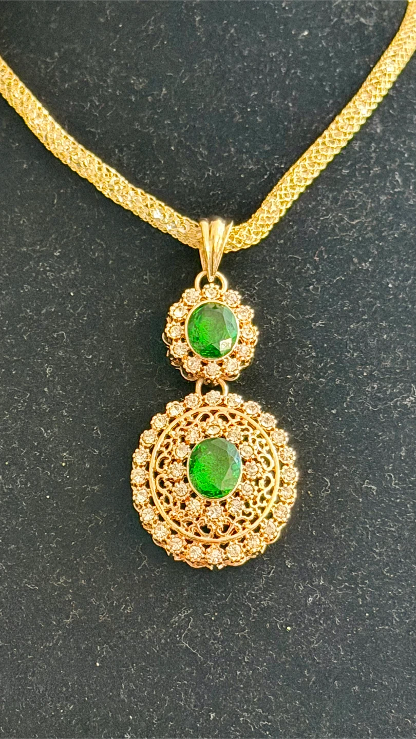 Gold Tone Necklace and Earring Set with Green Stones - photo 2