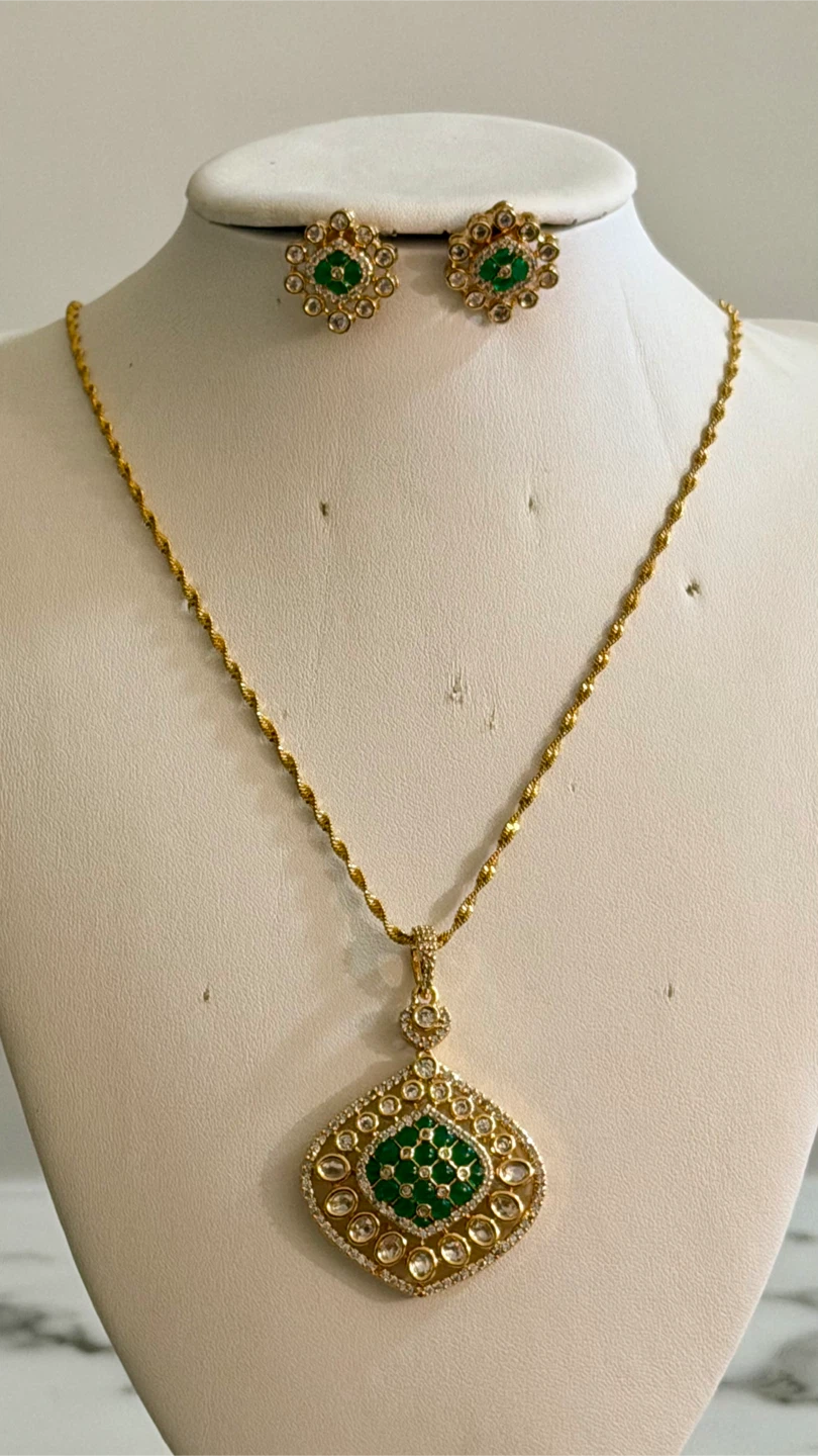 Gold Tone Pendant Necklace and Earrings Set with Green Stones