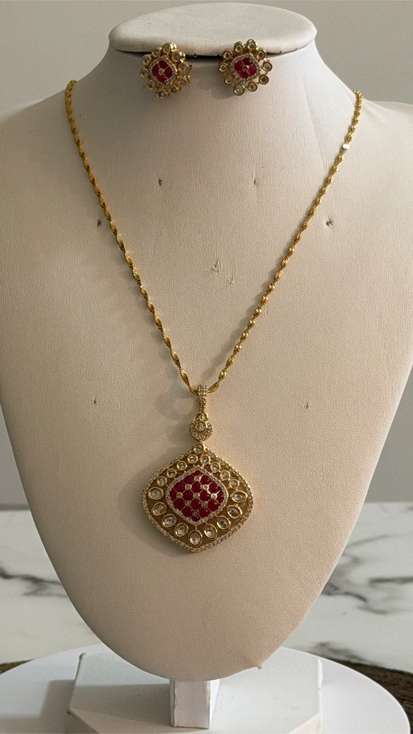 Gold Necklace and Earring Set with Red Stones