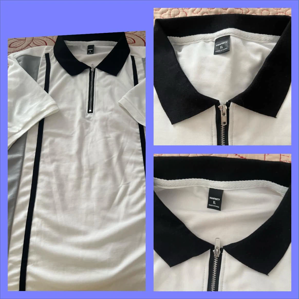 Manfinity White & Black Zip Polo Shirt XL