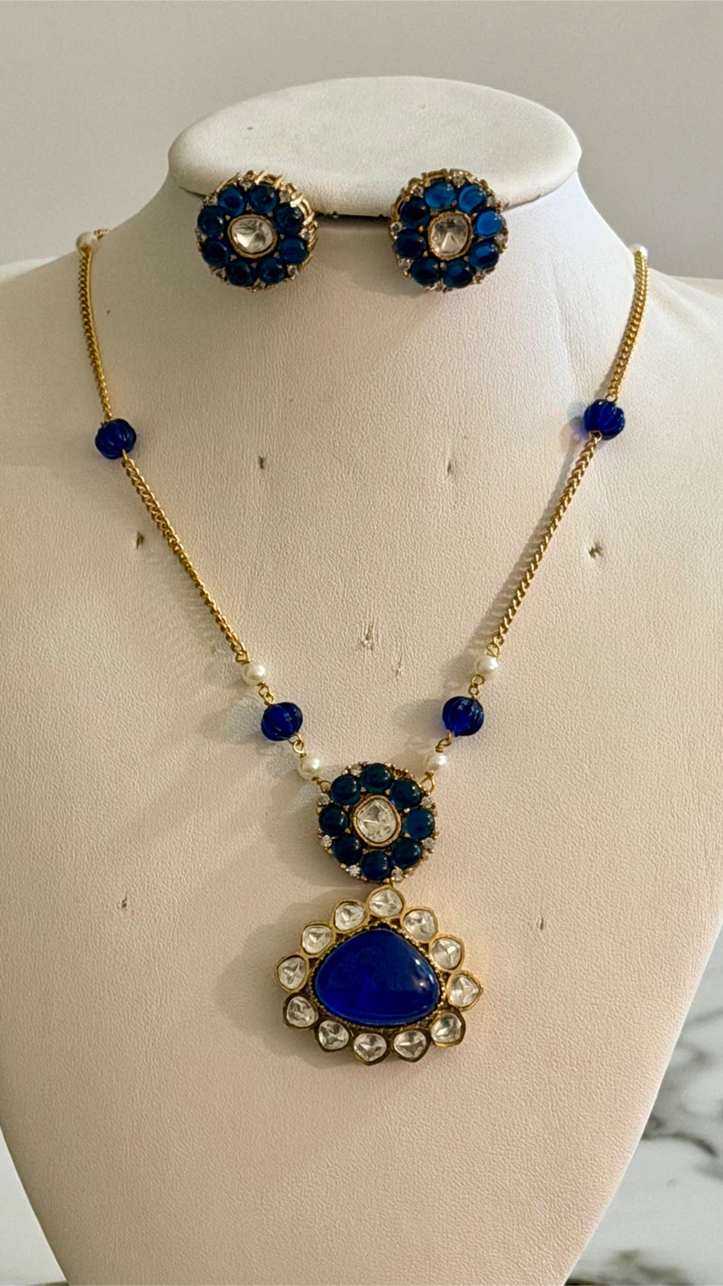 Gold Tone Blue Gemstone Necklace and Earring Set