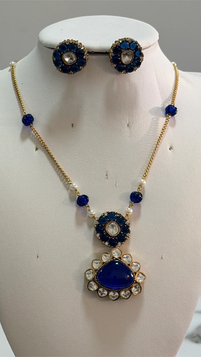 Gold Tone Blue Gemstone Necklace and Earring Set - photo 2