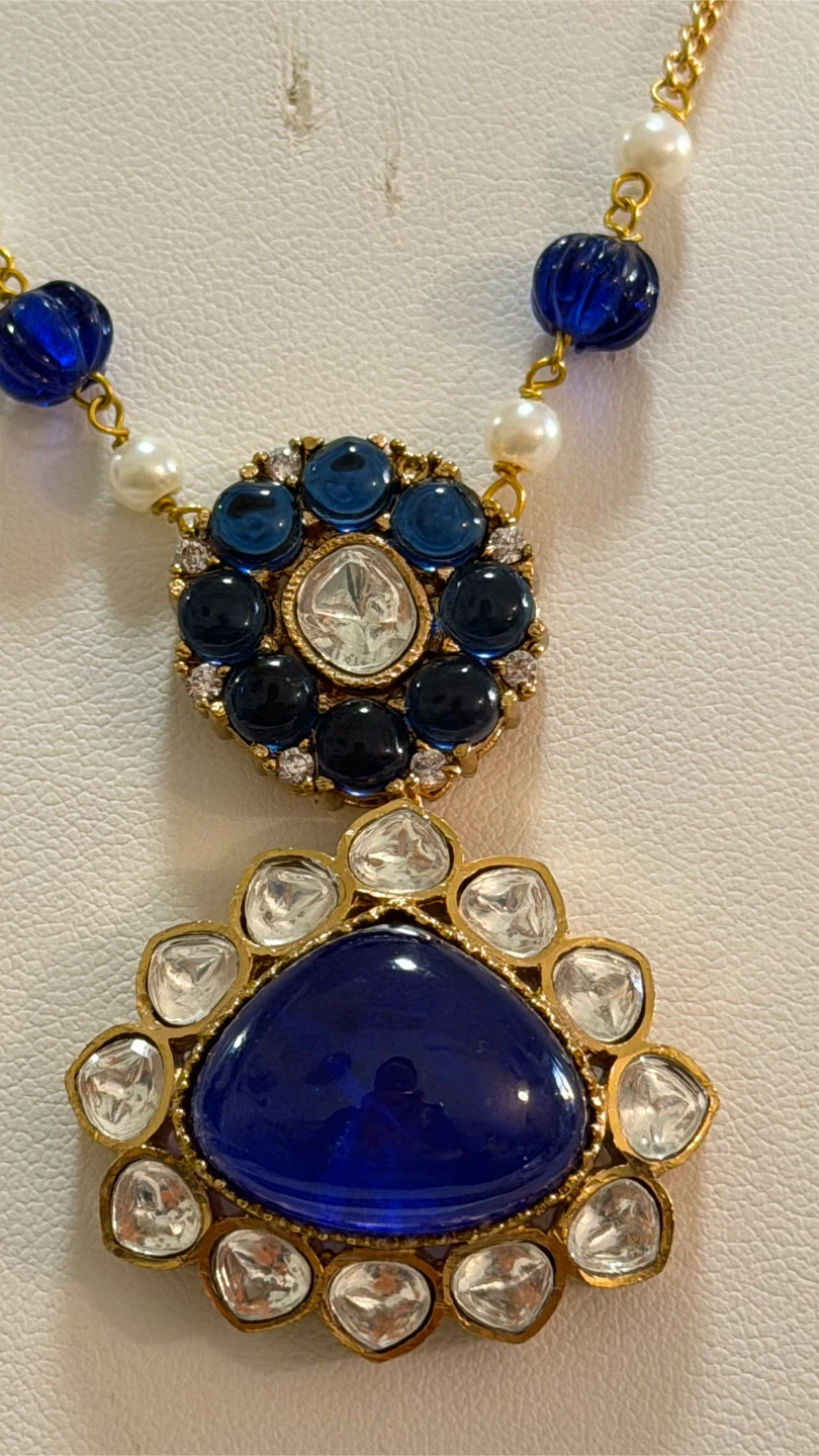 Gold Tone Blue Gemstone Necklace and Earring Set - photo 5
