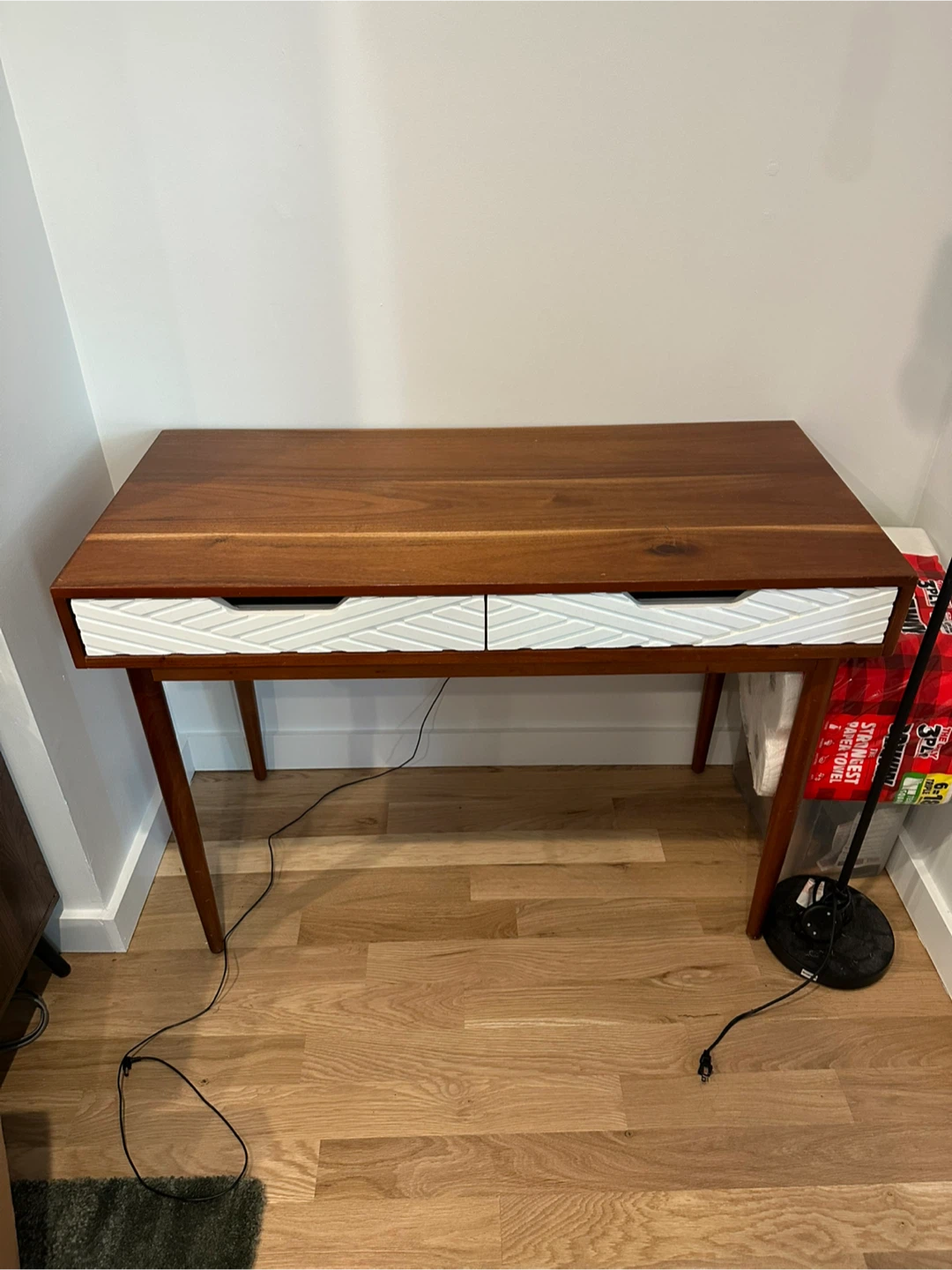 Wood desk with white textured drawers