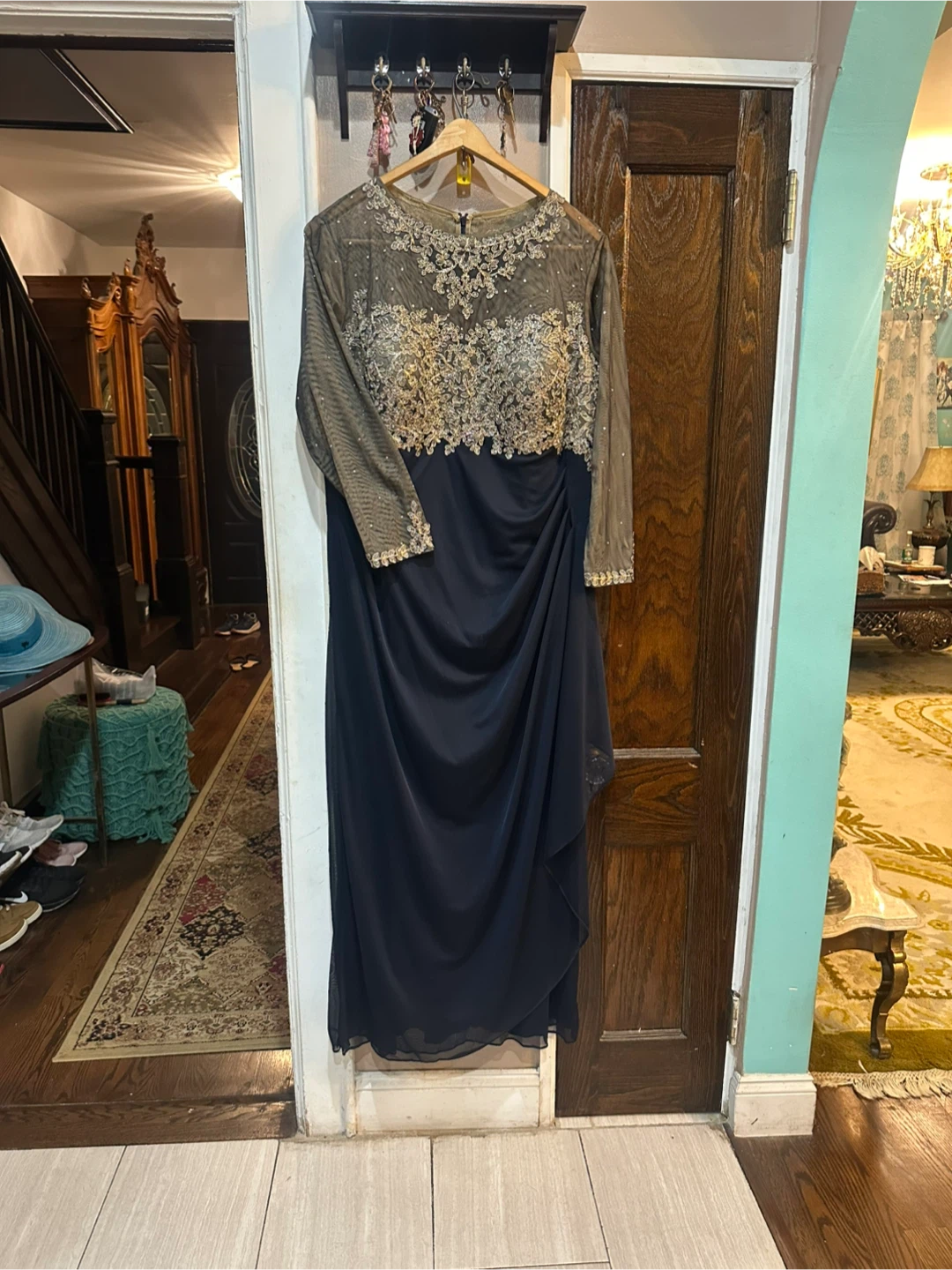 Xscape Navy Gown with Gold Beaded Bodice and Sheer Long Sleeves