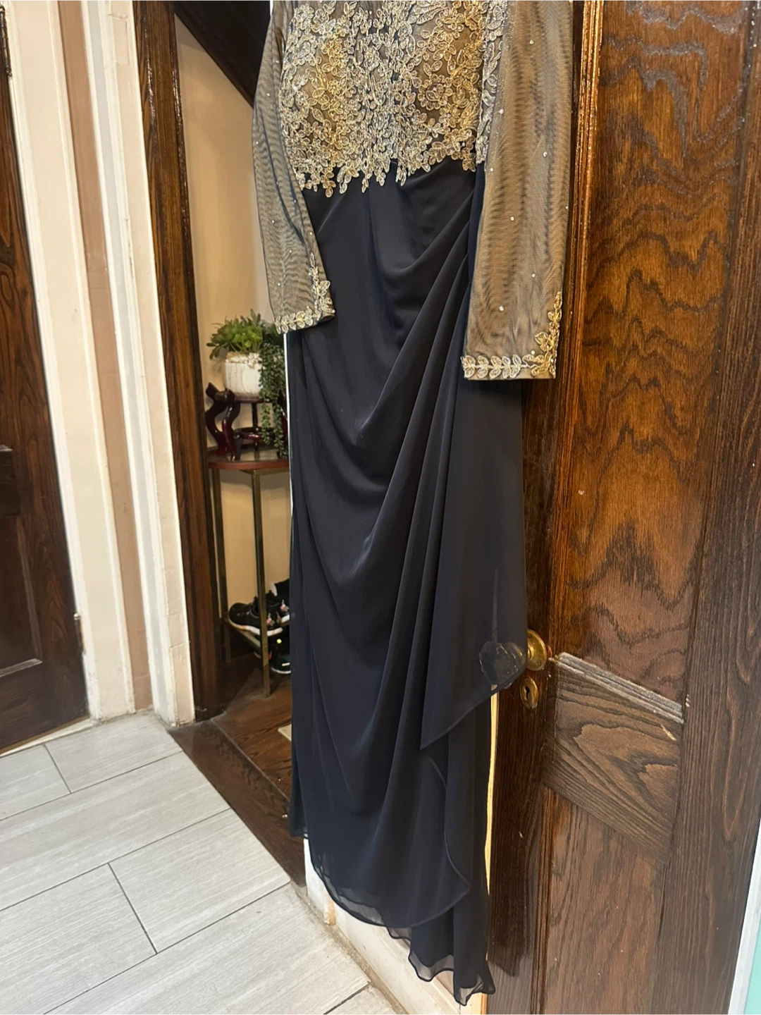 Xscape Navy Gown with Gold Beaded Bodice and Sheer Long Sleeves - photo 2