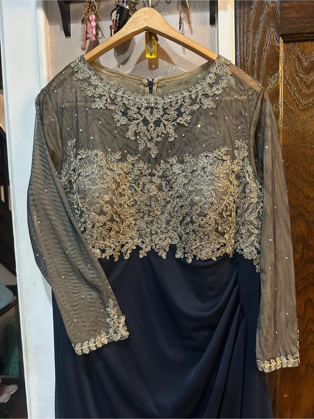 Xscape Navy Gown with Gold Beaded Bodice and Sheer Long Sleeves - photo 3