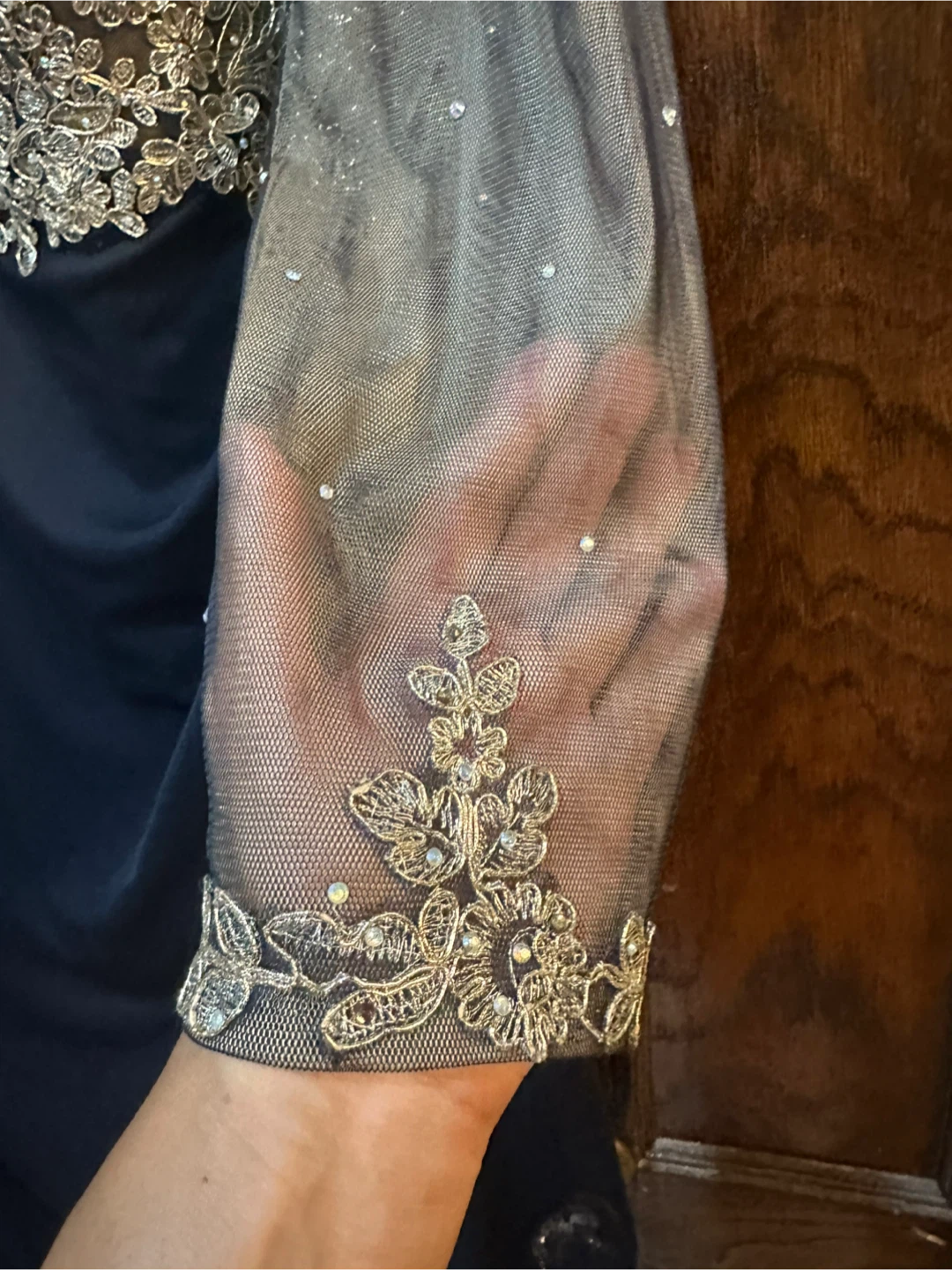 Xscape Navy Gown with Gold Beaded Bodice and Sheer Long Sleeves - photo 4