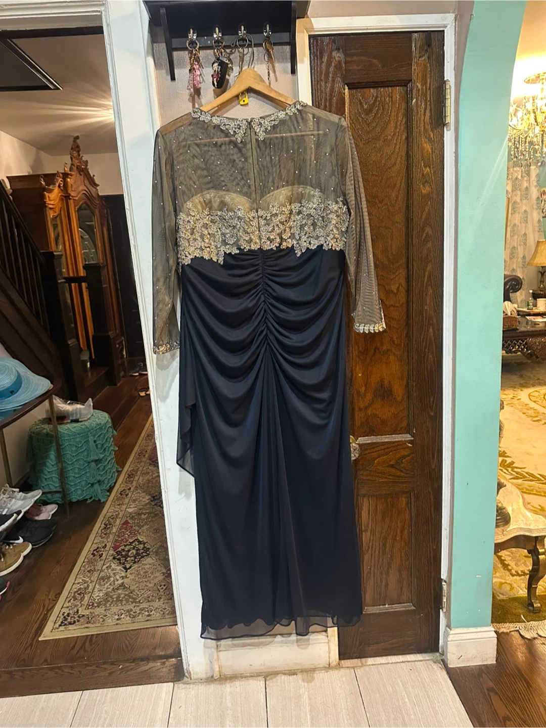 Xscape Navy Gown with Gold Beaded Bodice and Sheer Long Sleeves - photo 5