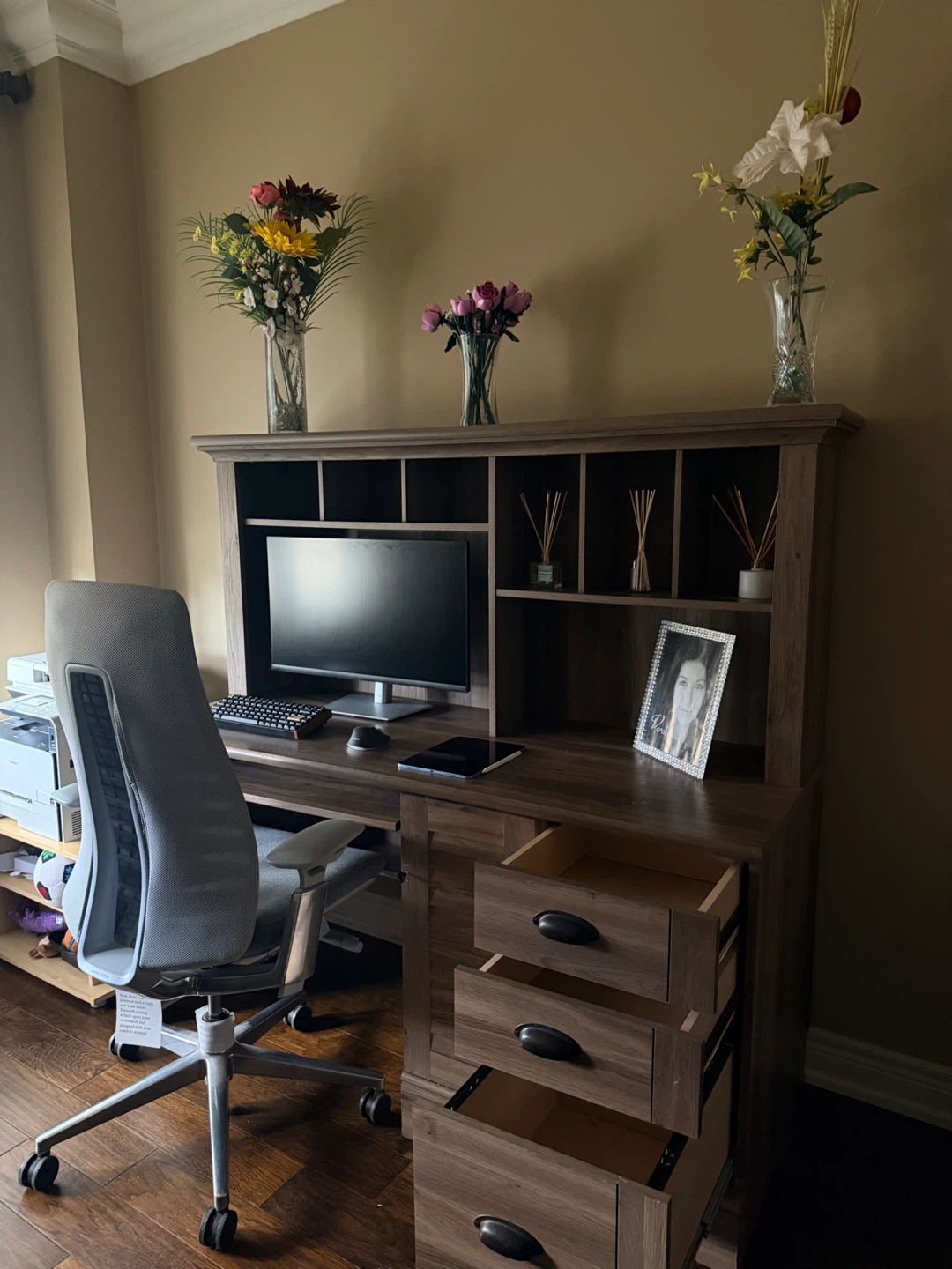 Wood finish computer desk with hutch