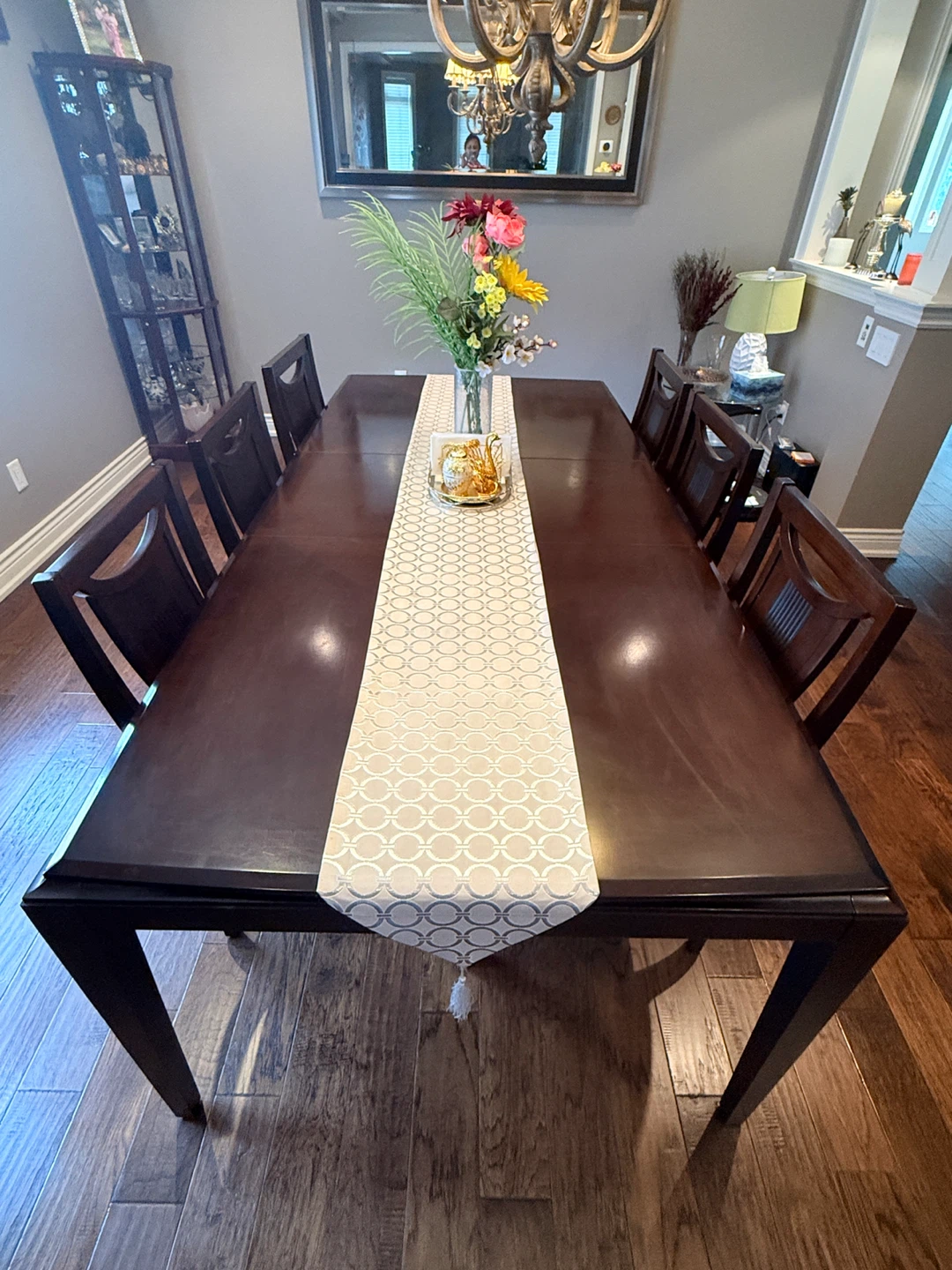 Dark wood dining table and 6 chairs set