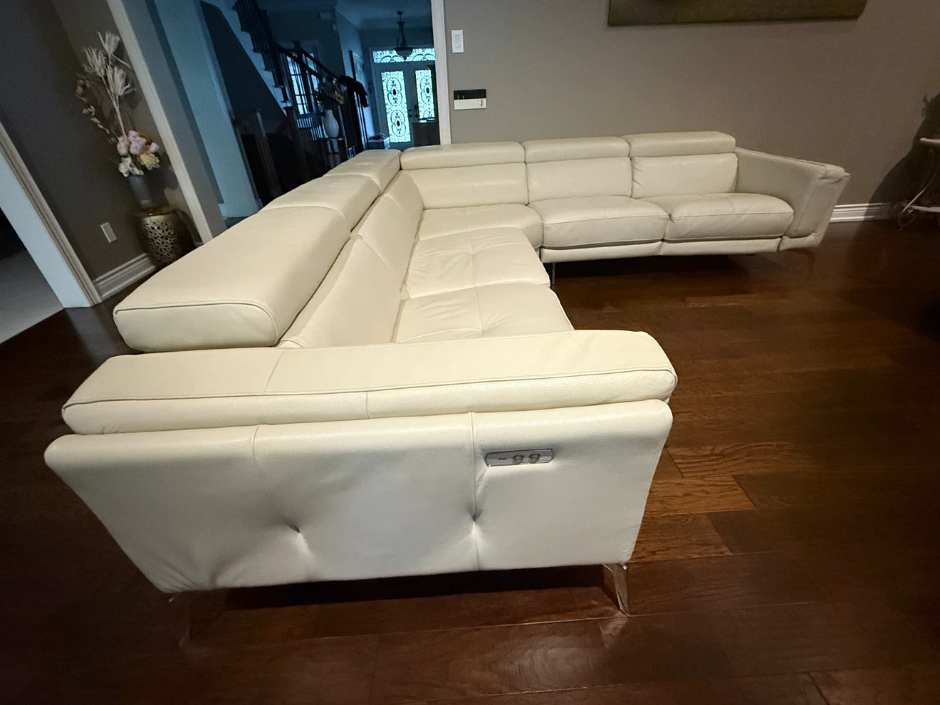 Cream leather power reclining sectional sofa